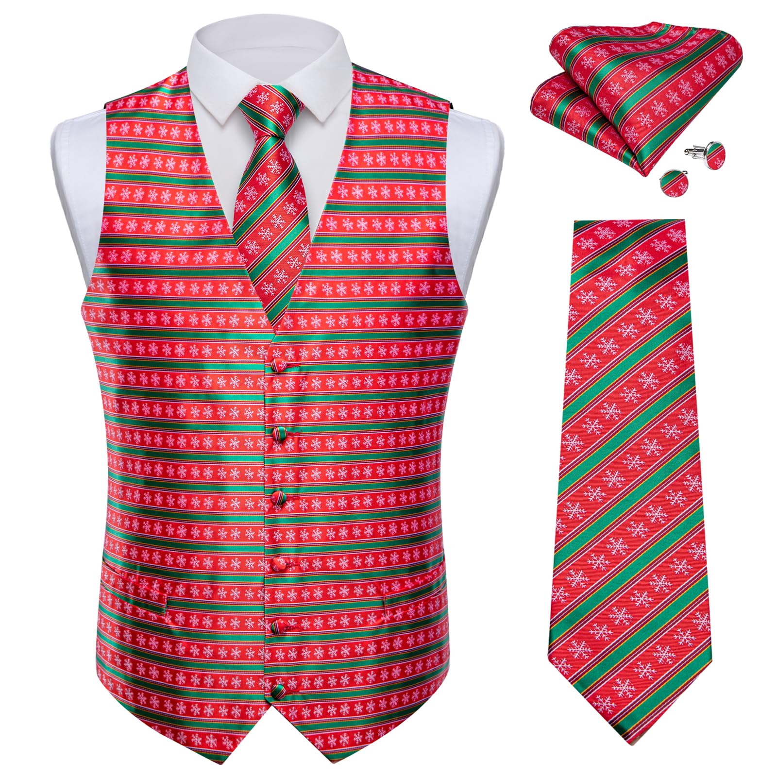 DiBanGu Mens Silk Christmas Vest and Tie Set Holiday Festive Suit Waistcoat for Party Vacation Xmas Tuxedo Dress Vest