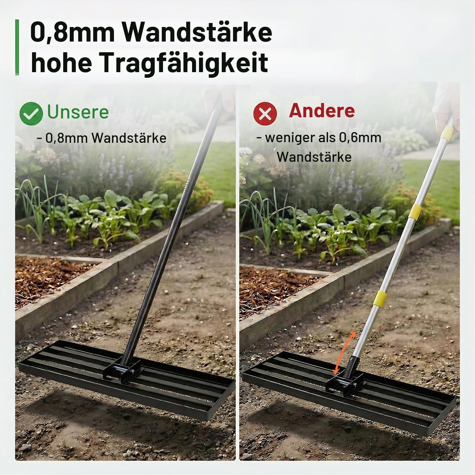 Rasen-Nivellierrechen, 76 cm x 25 cm, robuster Metall-Nivellierer mit 200 cm ergonomischem langem Griff, Gartengerät zum Glätten und Nivellieren unebener Rasenflächen