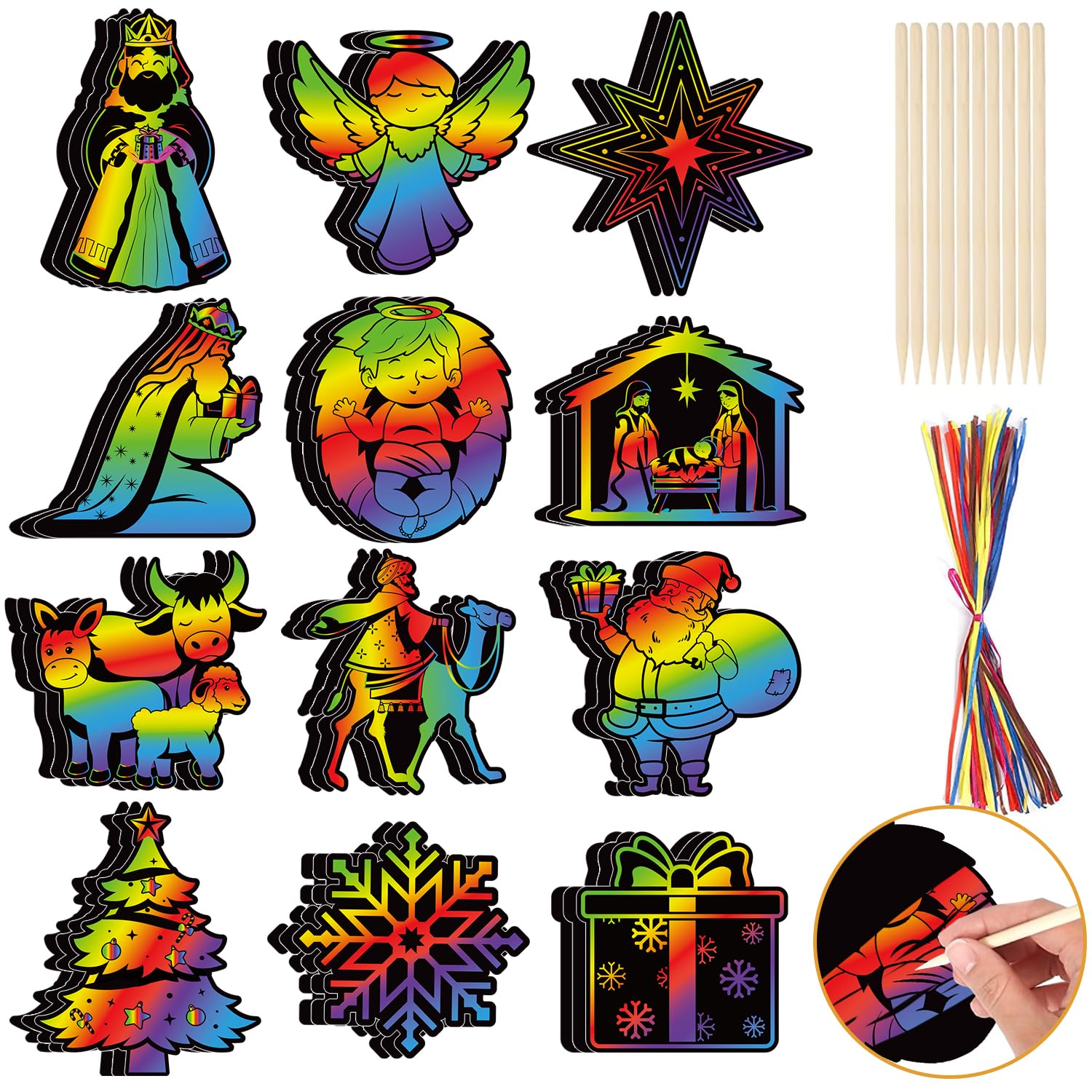 DPKOW 36 Christmas Nativity Scratch Art for Kids, Rainbow Scratch Art Paper for Nativity Scene Kids Children Arts and Crafts, Scratch Art Party Bag Fillers Christmas Nativity Scratch Cards Ornament