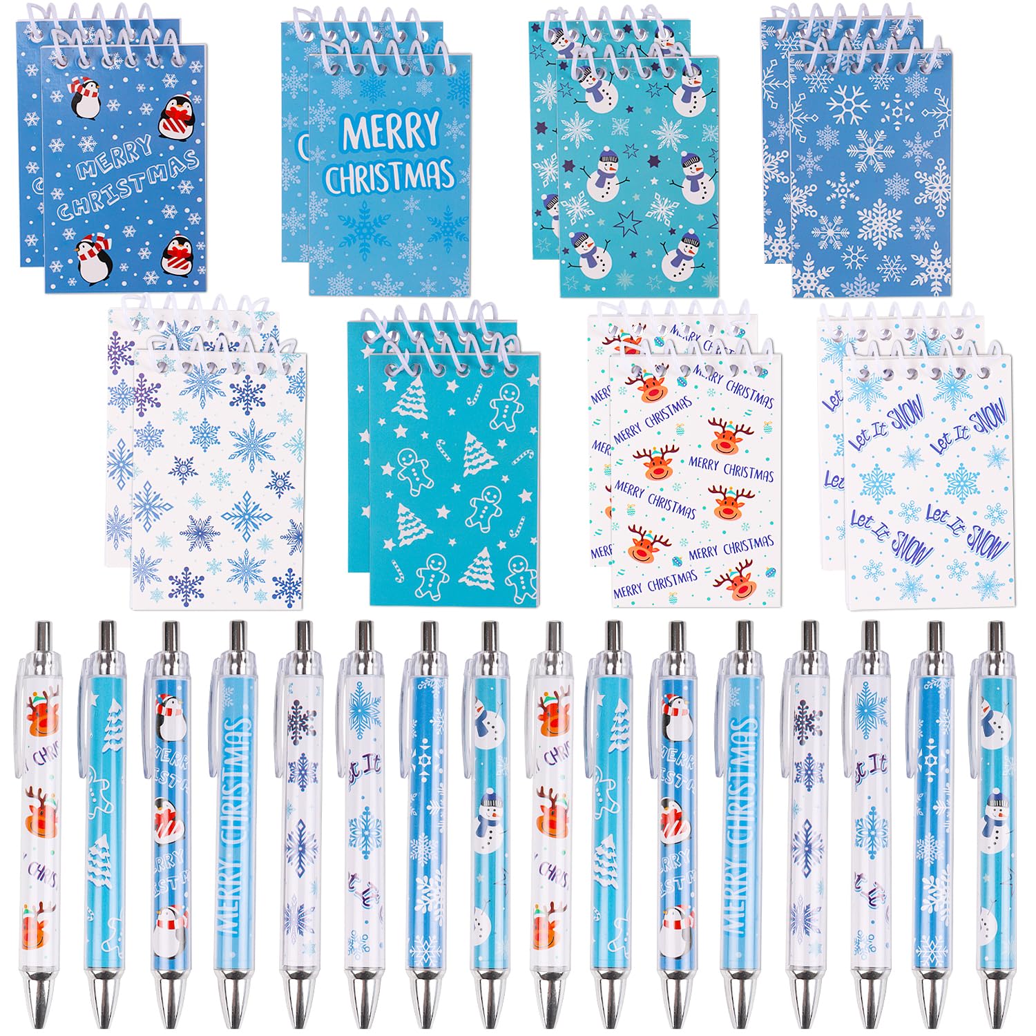ZALAON 32PCS Christmas Ballpoint Pens and Notepads Set - 16 Mini Spiral Notebooks & 16 Snowflake Holiday Pens - Festive Stationery for Kids, Christmas Party Favours, Stocking Fillers, School Rewards