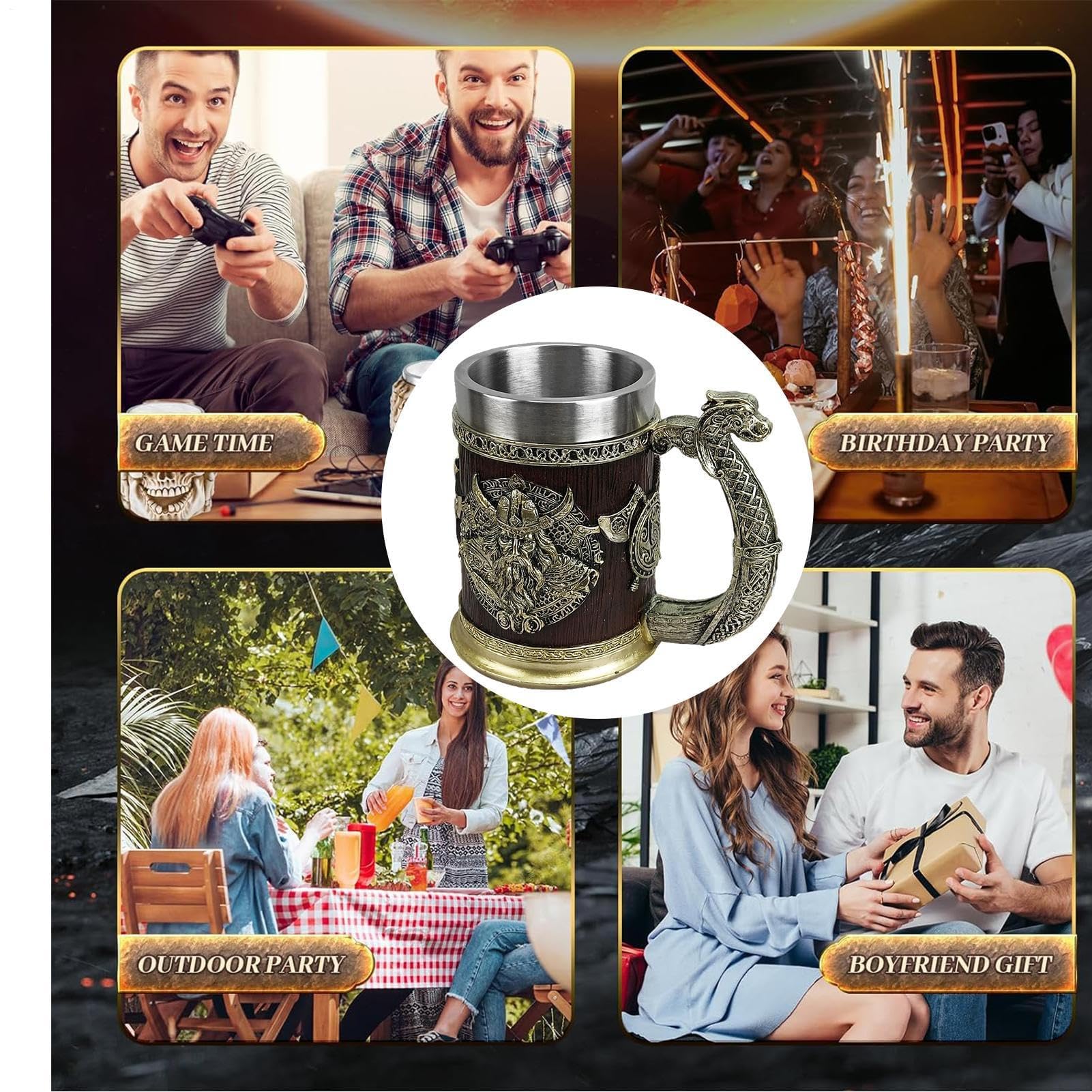 Boccale da birra nordica vichinghi | Tazze medievali norvegesi | Tazza da whisky in acciaio inox | Tazza da vino e caffè | Tazze da birra regalo per uomini, decorazione per la festa del papà, 600 ml