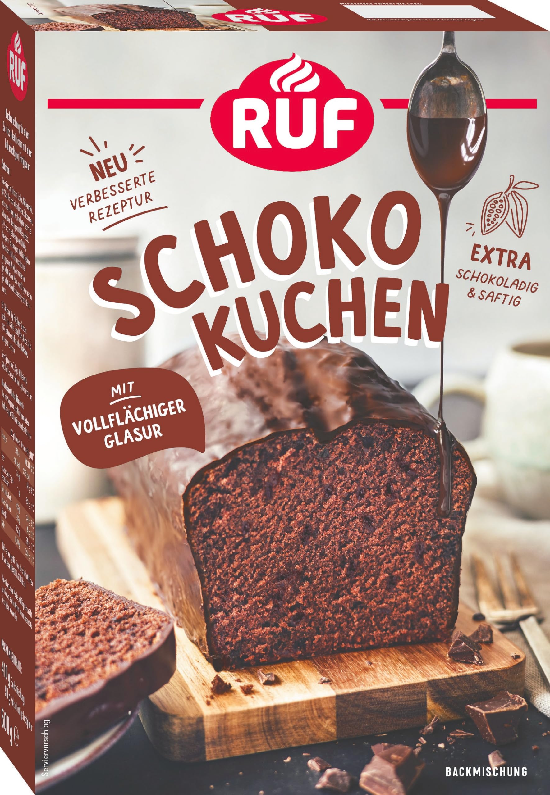 RUF Schokokuchen, Backmischung für einen Kastenkuchen aus besonders schokoladigem Rührteig mit extra viel Schoko-Glasur