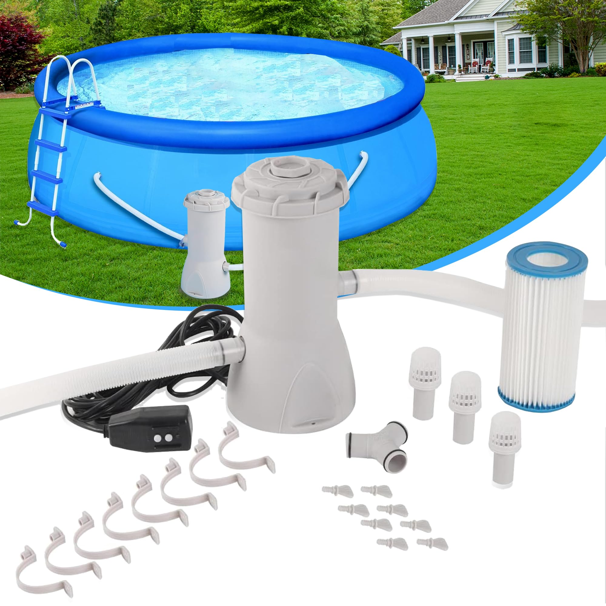 TonGass 1000 GPH Pool Pumps, Above Ground Pool Filter Pump for Swimming Pools 1000 GPH Pumps Flow Rate All-in-One Above Ground Pools Filters Pump Accessories Uses Type A or C Filter Cartridge