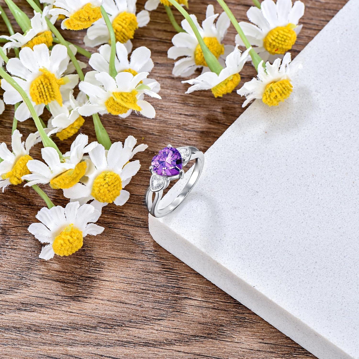 Amethyst Ring for Women 925 Sterling Silver Heart Purple Amethyst Engagement Promise Ring for Mom Wife Her
