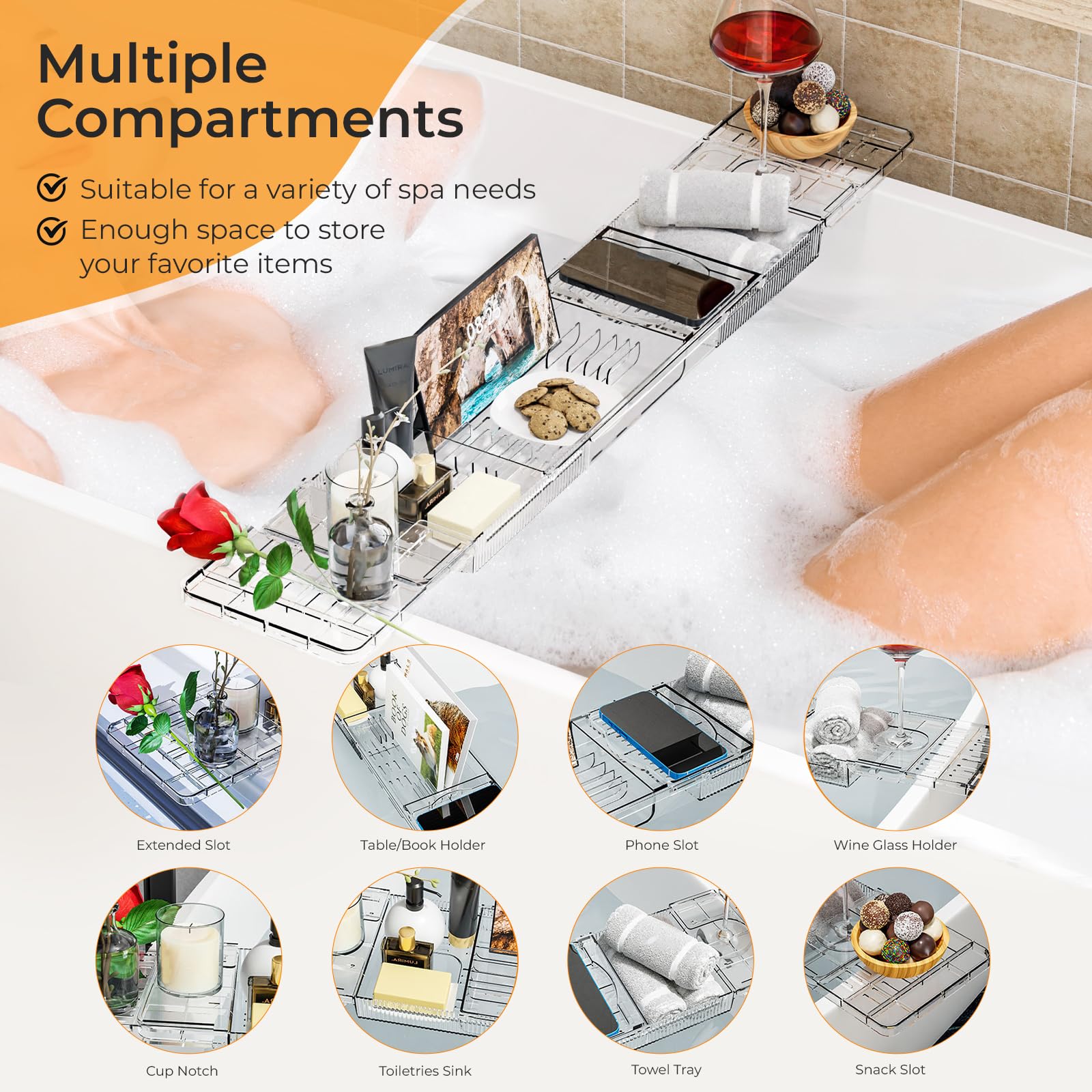 Vassoio per Vasca da Bagno Allungabile in Plastica Trasparente 80-120cm - Mensola con Porta Libro, iPad, Candela - Accessori Relax