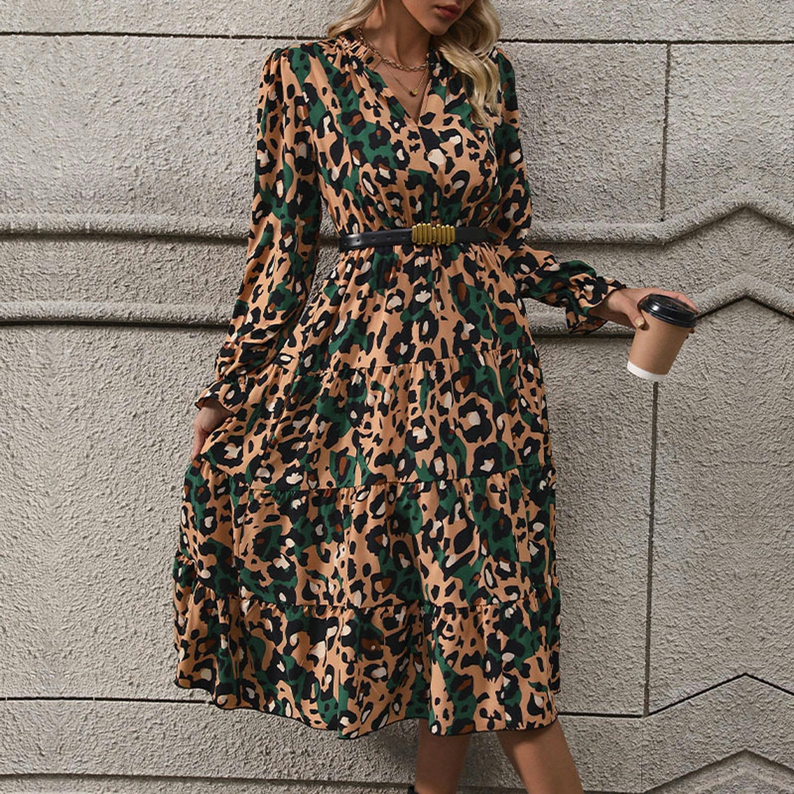 Vestido largo para mujer, cuello en V, estampado de leopardo, ribete con volantes, mangas largas campesinas, vestido casual acampanado, YYEFNMAZ