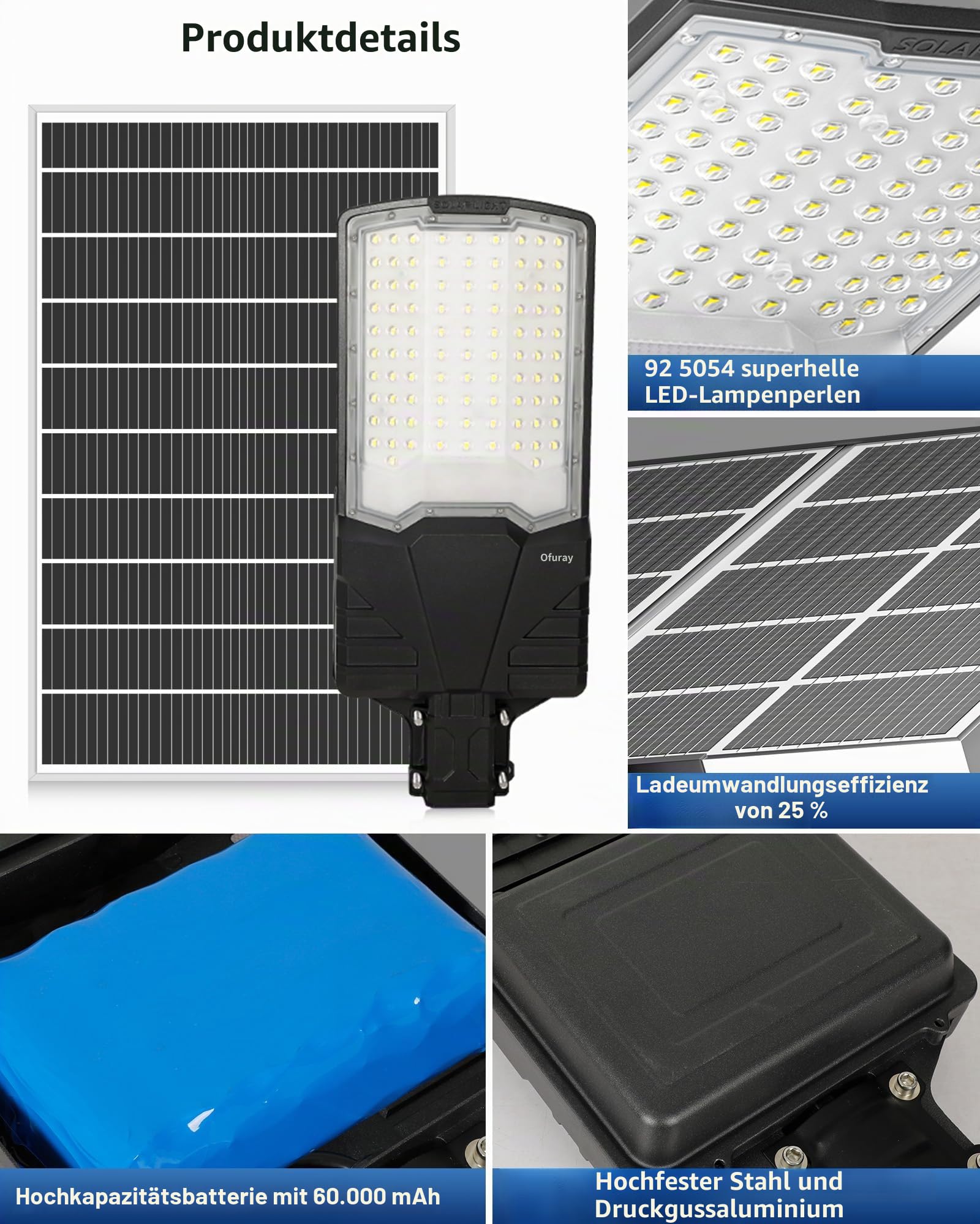 Ofuray OL-18200W Solar Straßenlaterne für Außen, Solarlampen für Außen, 6500K Led Superhelle Solar Strahler Aussen, IP67 Wasserdichte Solarleuchten Outdoor für Garten Garage Straßen