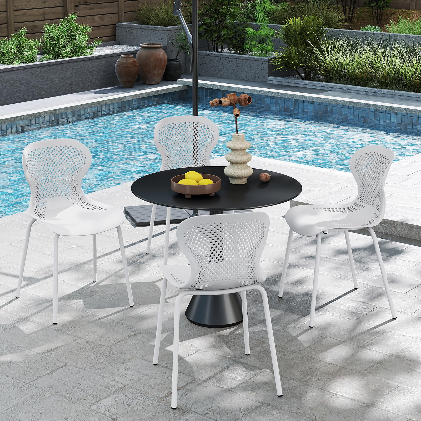 JIJIAN Lot de 6 Chaises de Salle à Manger Empilables, Chaise de Cuisine avec Pieds en Métal, Chaises de Jardin en Plastique, pour Salle à Manger, Salon, Jardin, Balcon et Terrasse, Blanc
