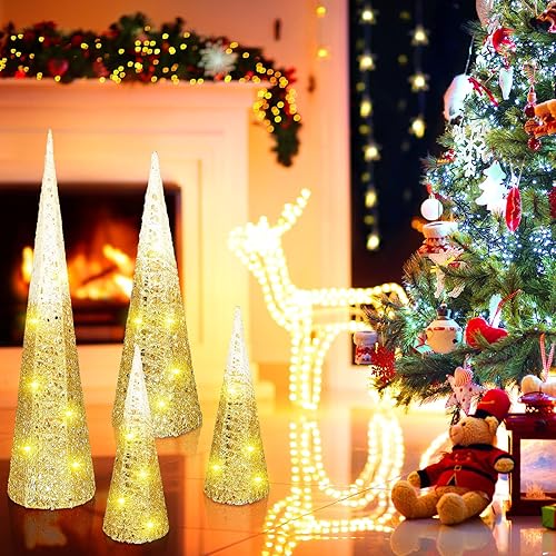 Miniatura 4 de VIHOSE 4 árboles de cono de Navidad iluminados con purpurina blanca y dorada, decoración de mesa de Navidad para interiores pequeños con luces LED,