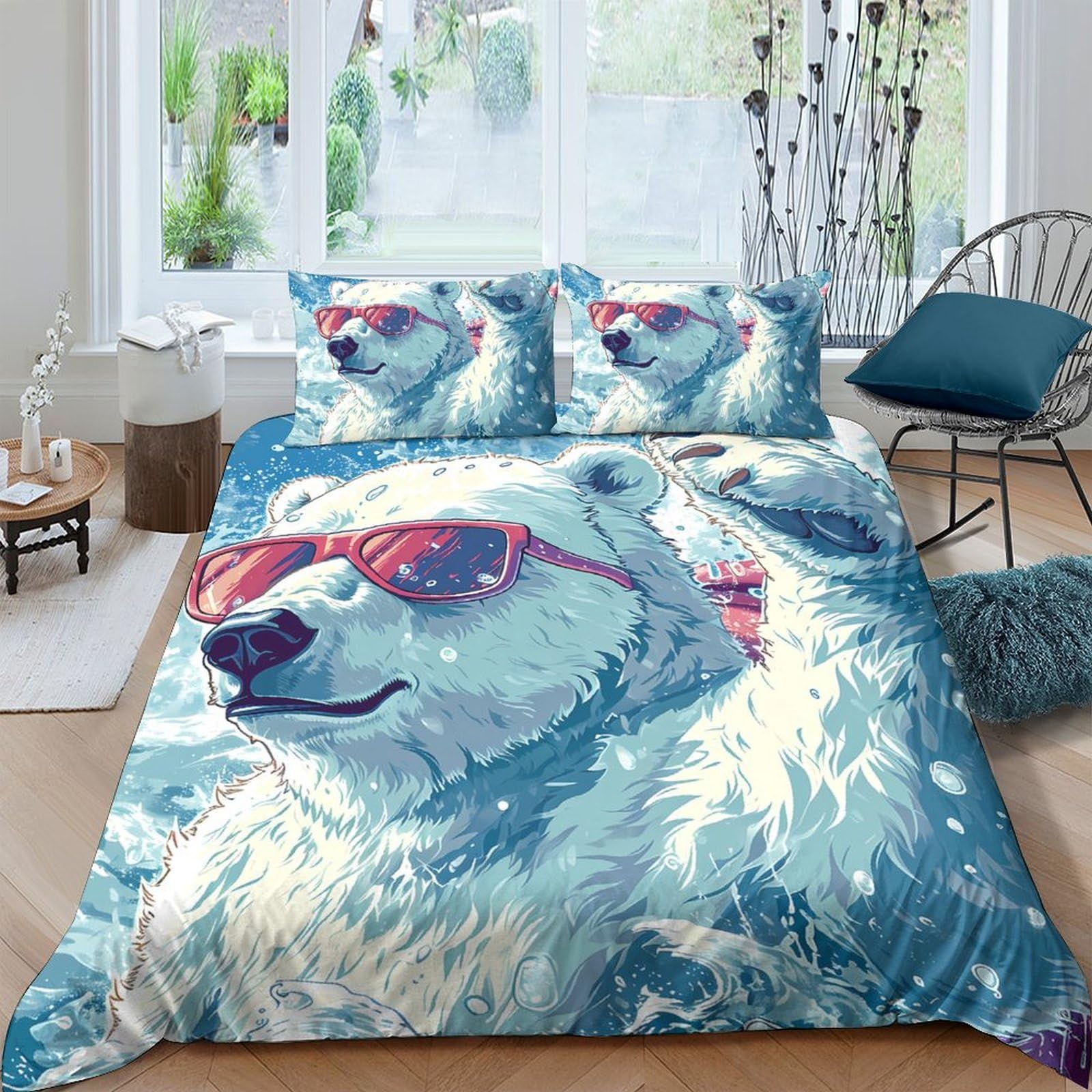 Ctjqhvkz Style-9 3D Printed Polar Bear Sunglasses Fitted Sheet Microfiber Soft Anti-Slip Mattress Cover For Bedroom Dorm Decor Single（135X200cm）