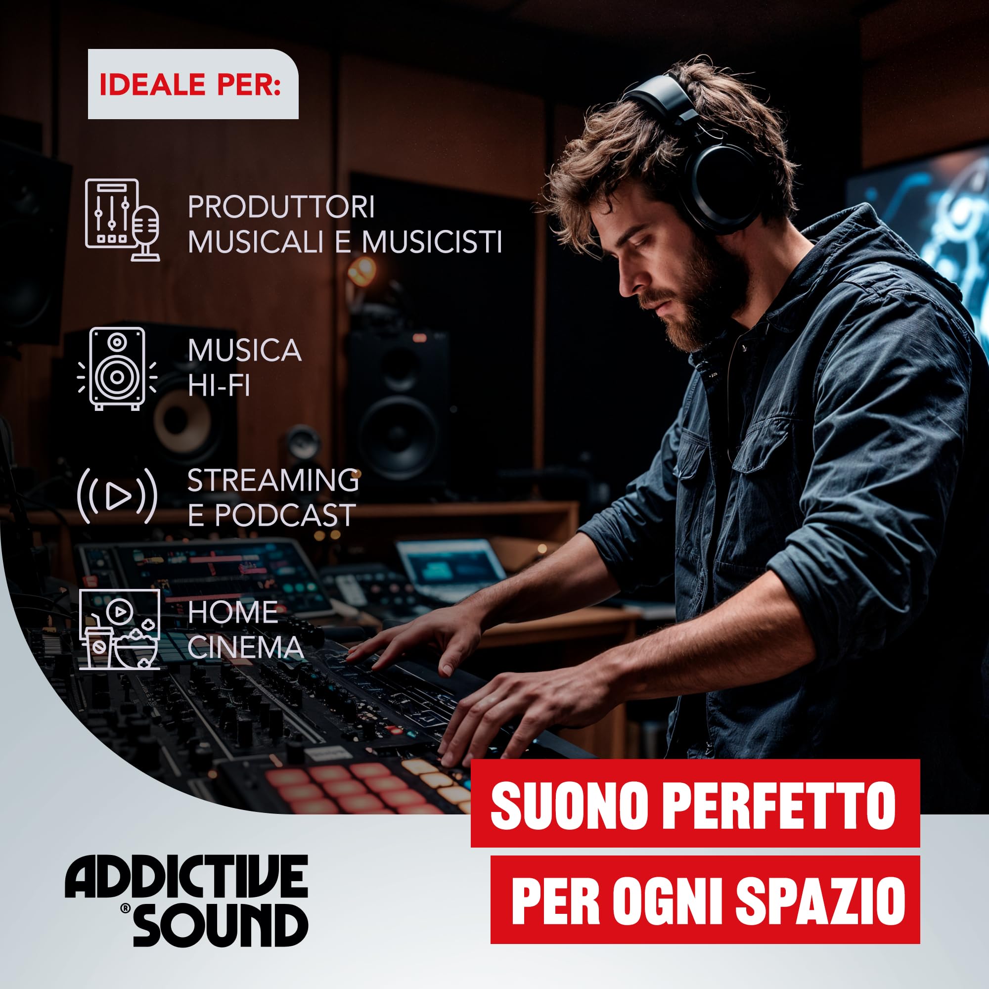 Addictive Sound Pannelli Fonoassorbenti Premium, pannello acustico qualità studio con lana acustica, Classe A di assorbimento, prodotto in UE, kit parete/soffitto, 100x50x11 cm, 8 kg, Nero