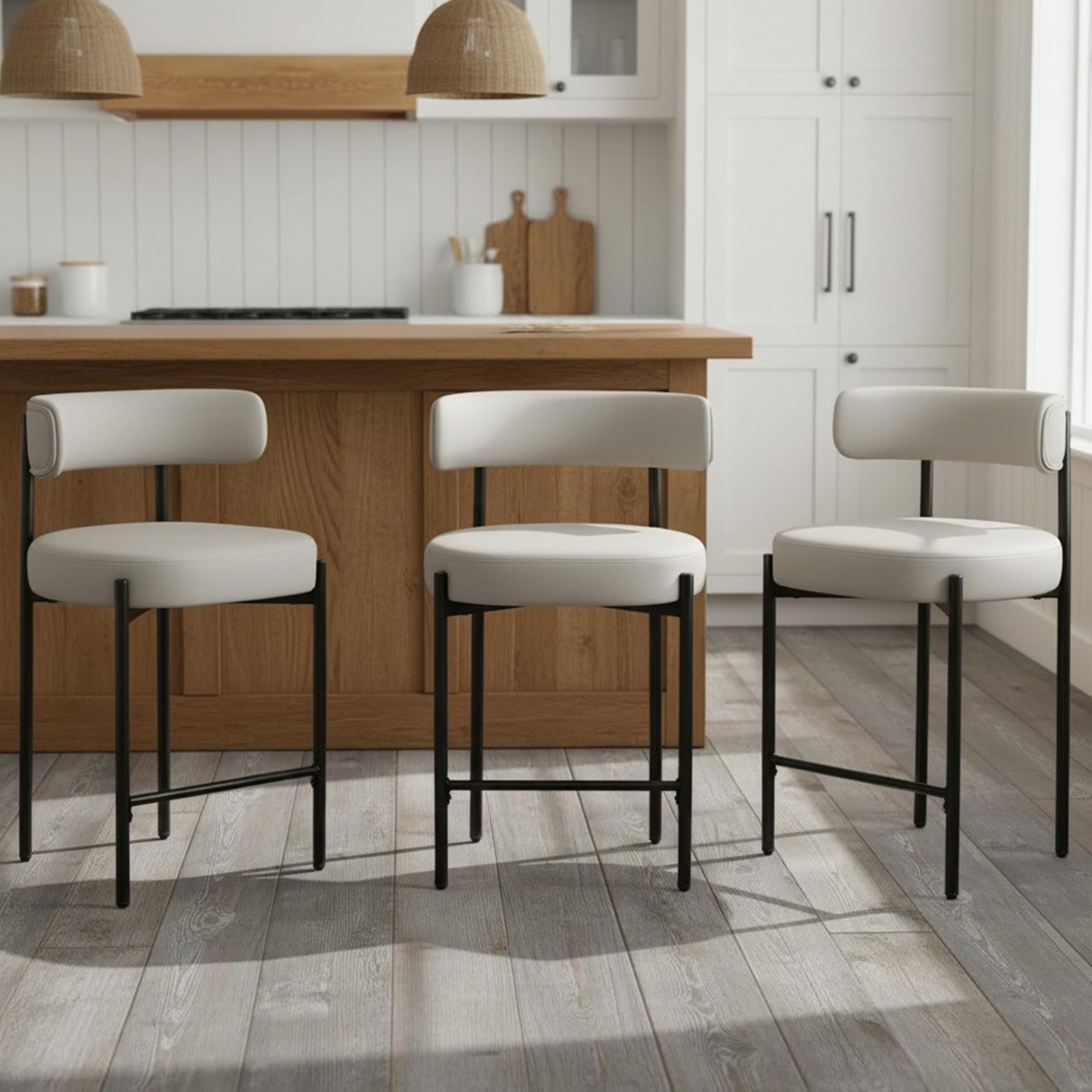 Forsalund Counter Height Bar Stools Set of 3, 24'' Faux Leather Bar Stools with Back, Mid-Century Modern Bar Chairs for Kitchen Island, Dining Room,