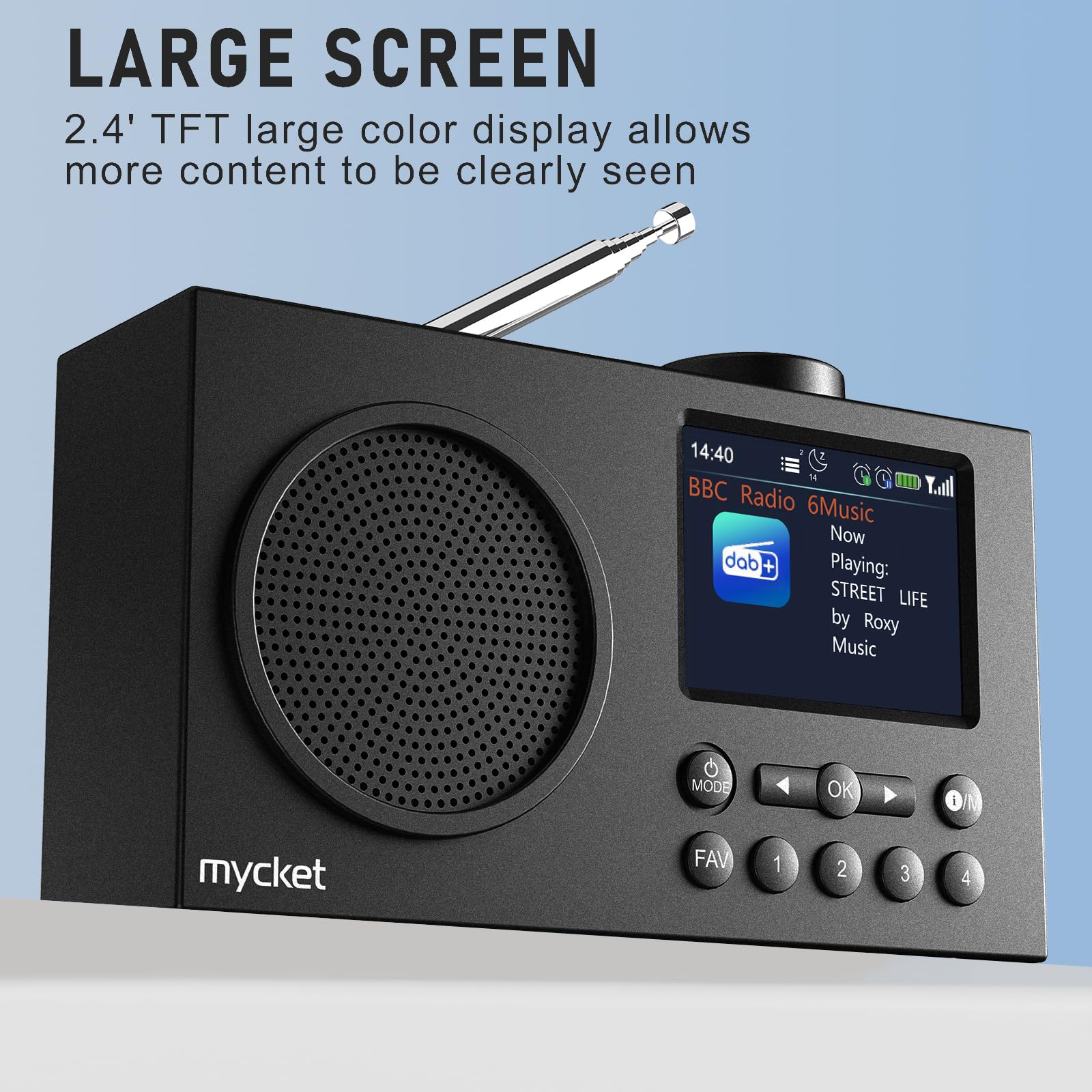 Mycket Portable DAB/DAB + Radio, FM Digital Radios avec 2025 Dernière Technologie de Récepteur de Signal, Radio Rechargeable avec Bluetooth 5.0,Double Réveil, 40 Préréglé, 2,4 "Grand Affichage Couleur