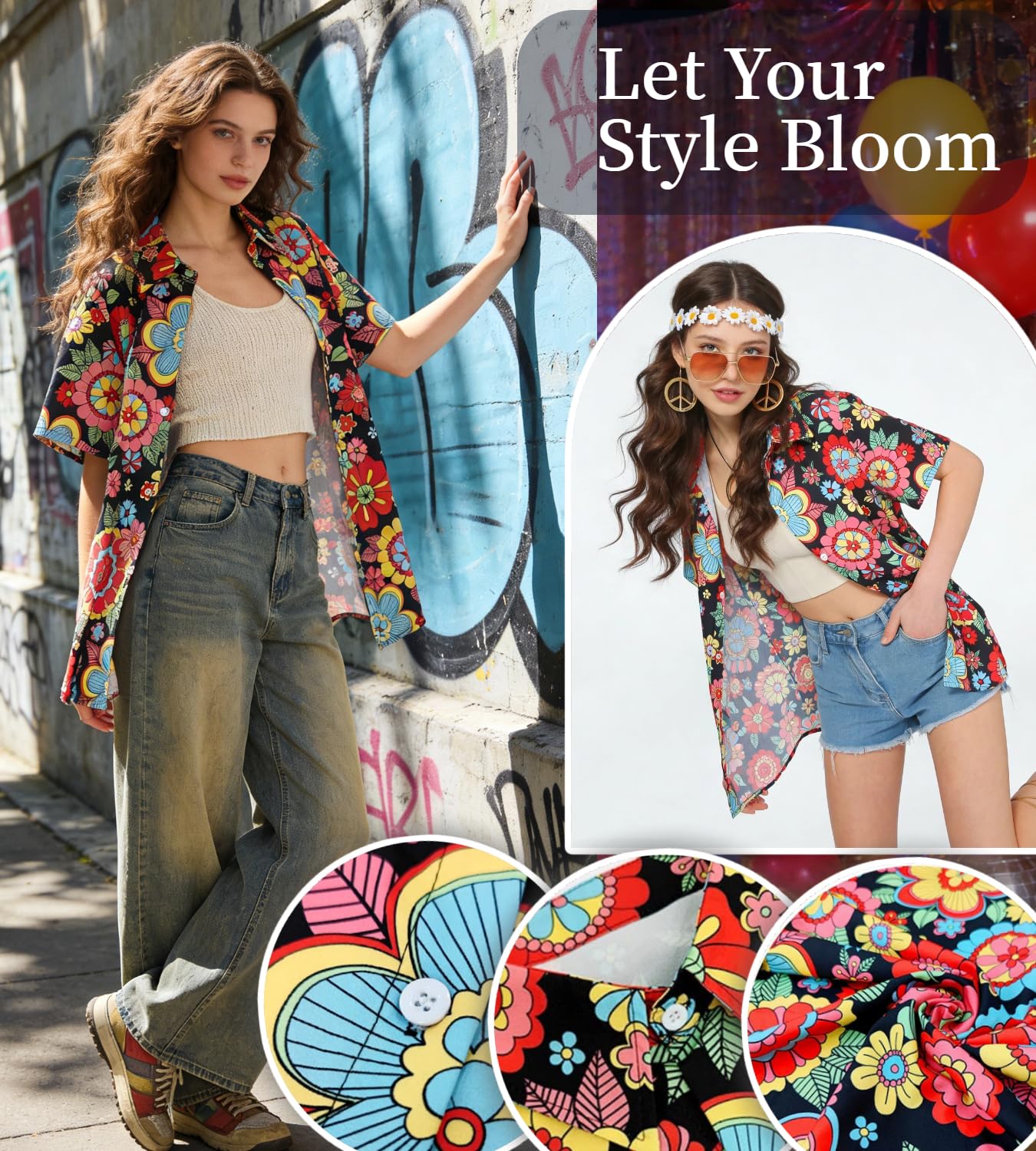 kasahara Costume hippie pour femme, Haut hawaïen, Chemise vintage, Tenue années 80 et 90, Décontracté, Rétro Costume de carnaval