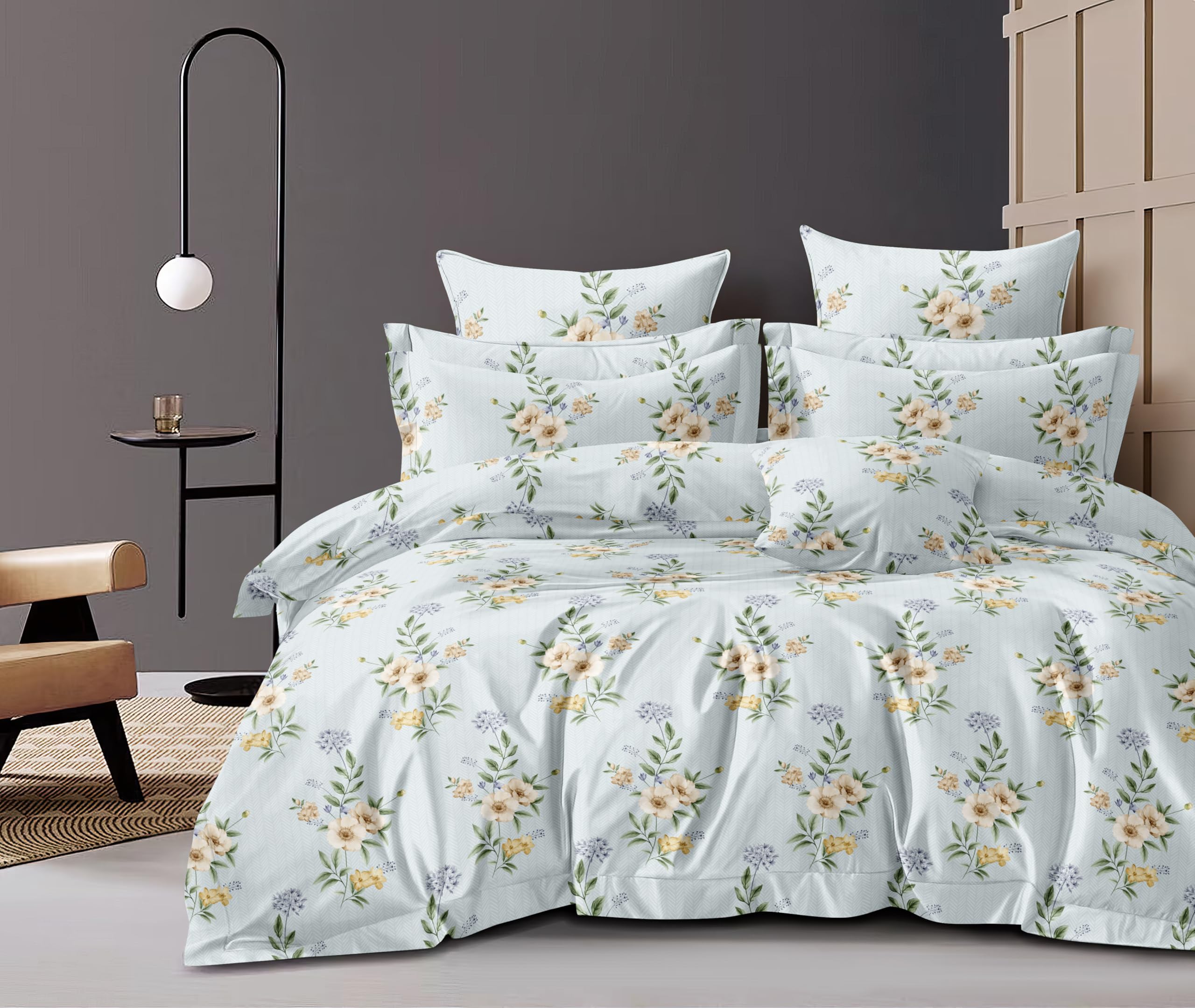 THE HOME STYLE Super Soft Glace Cotton King Size AC Comforter II Blanket II Duvet With 1 King Size Elastic Fitted Bedsheet 72"X78" Inch And 2 Piiiow Cover,350TC (Pack Of 4,Floral Elegance),Multicolor
