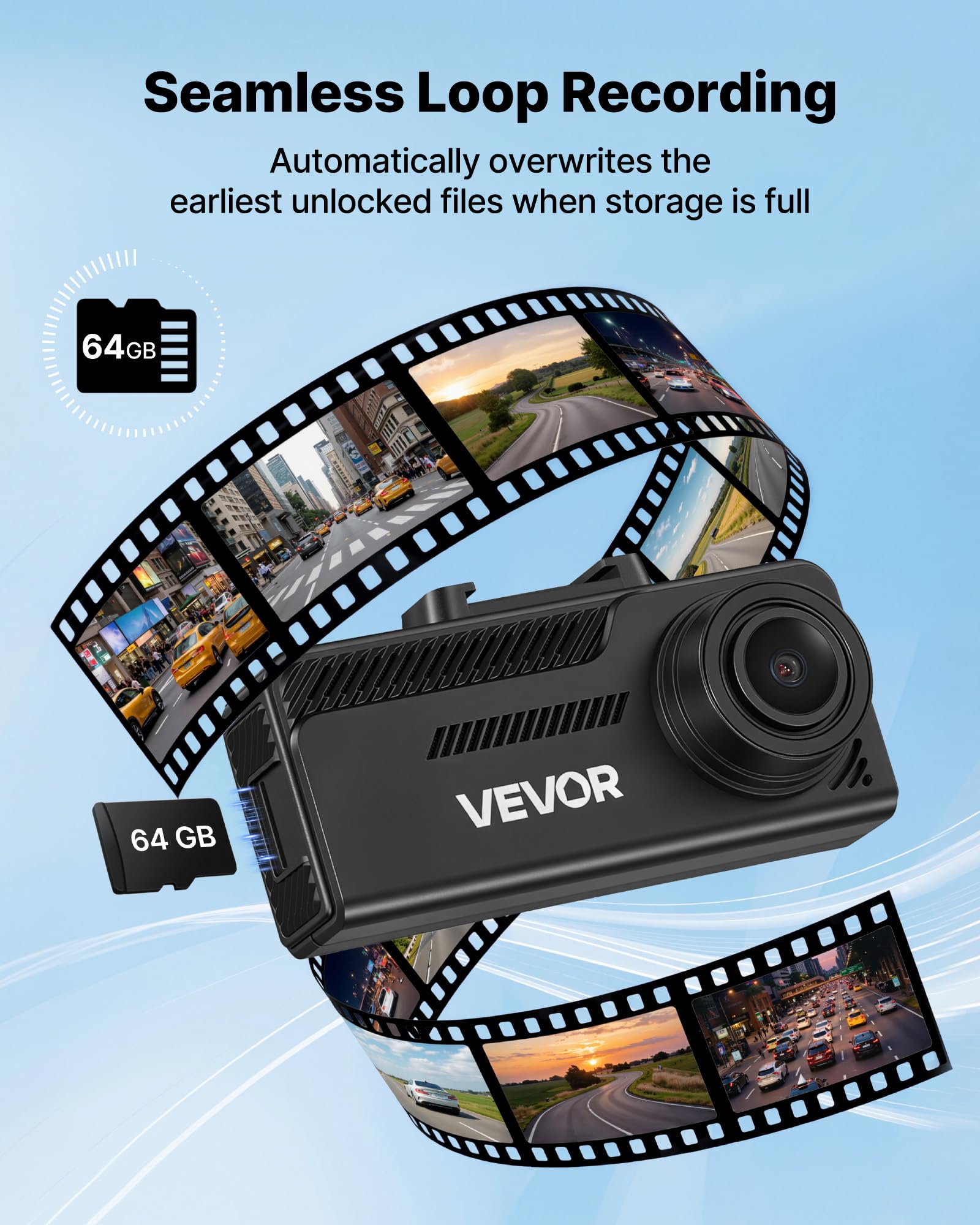 VEVOR Cámara de Salpicadero para Coche con Ventosa, Dashcam Frontal y Trasera 4K+1080P, con Tarjeta de 64 GB, GPS Integrado, Sensor G, Ángulo de Visión Frontal 129° y Trasero 125°, Grabación en Bucle