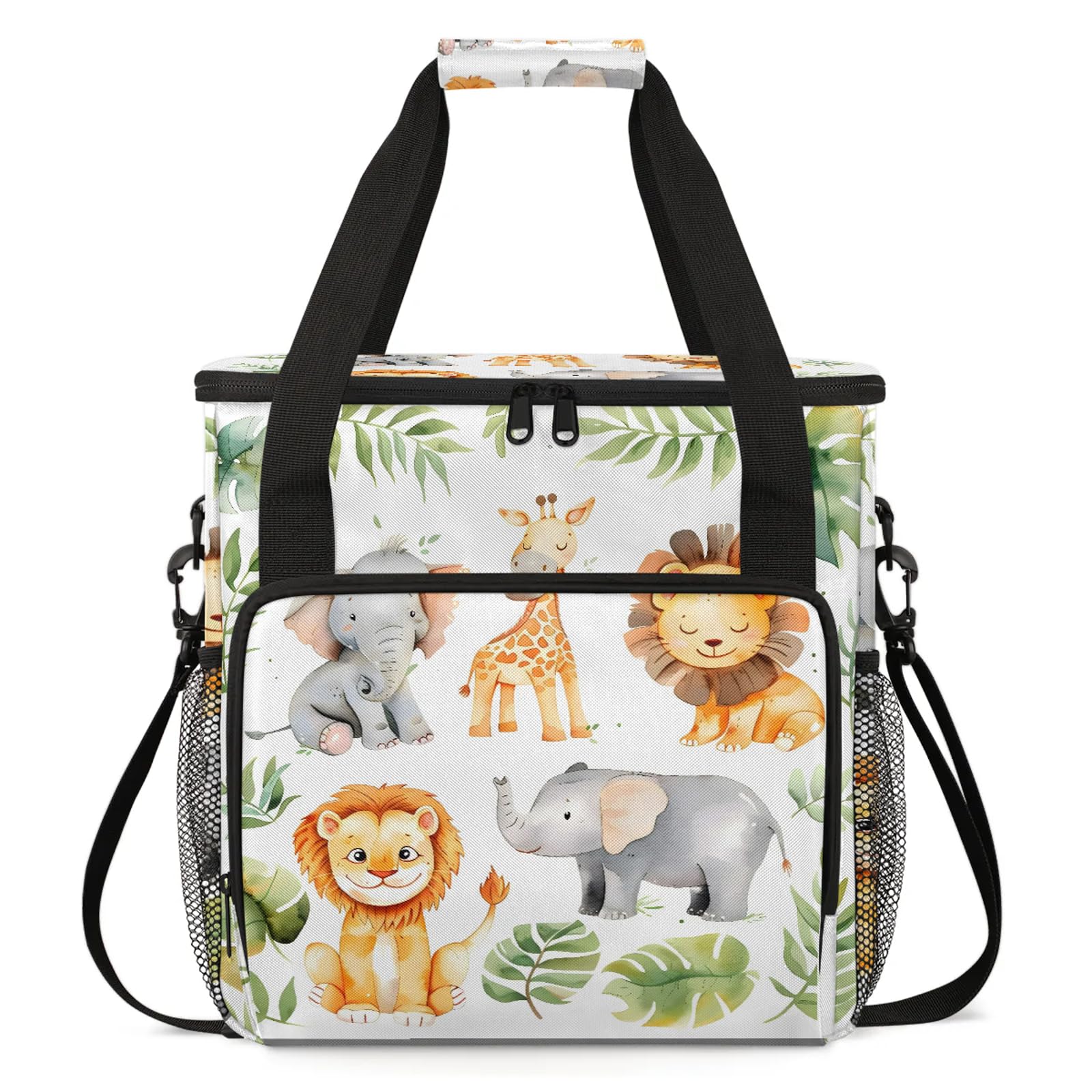 Adornori Tropical Rainfore Elephant Giraffe Lion Coffee Maker Carring Bag, Large Insulated Storage Organizer Case Tote Bags with Shoulder Strap for Travel Work Picnic
