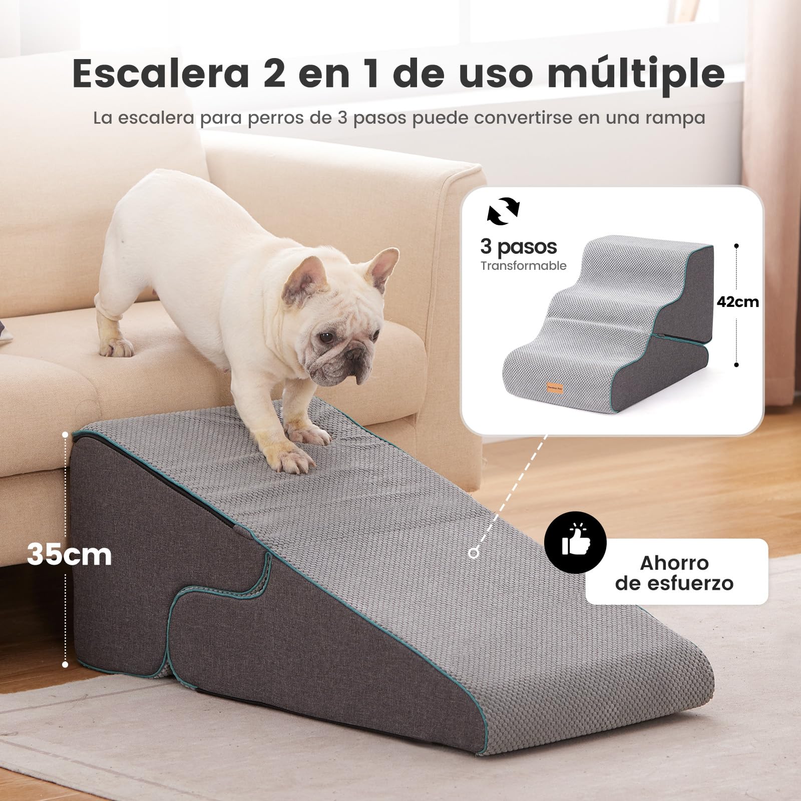 Gardner Pet Escaleras para Perros 2 en 1, Altura 42cm, con Tres Peldaños de Espuma de Alta Densidad y Diseño Antideslizante para Facilitar el Acceso a Sofás y Camas - Gris