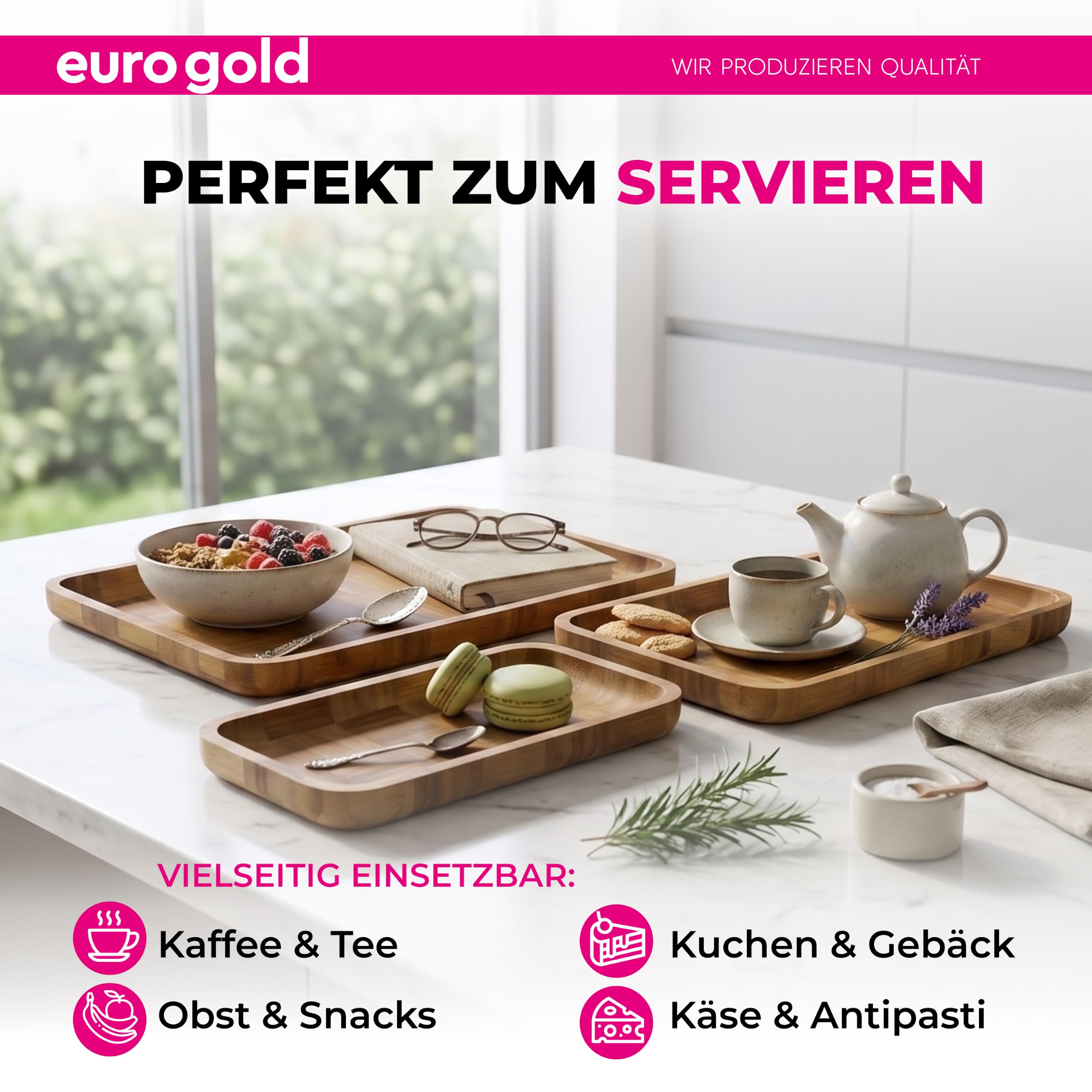 EUROGOLD Bambus Tablett rechteckig 3er Set für Küche & Tisch