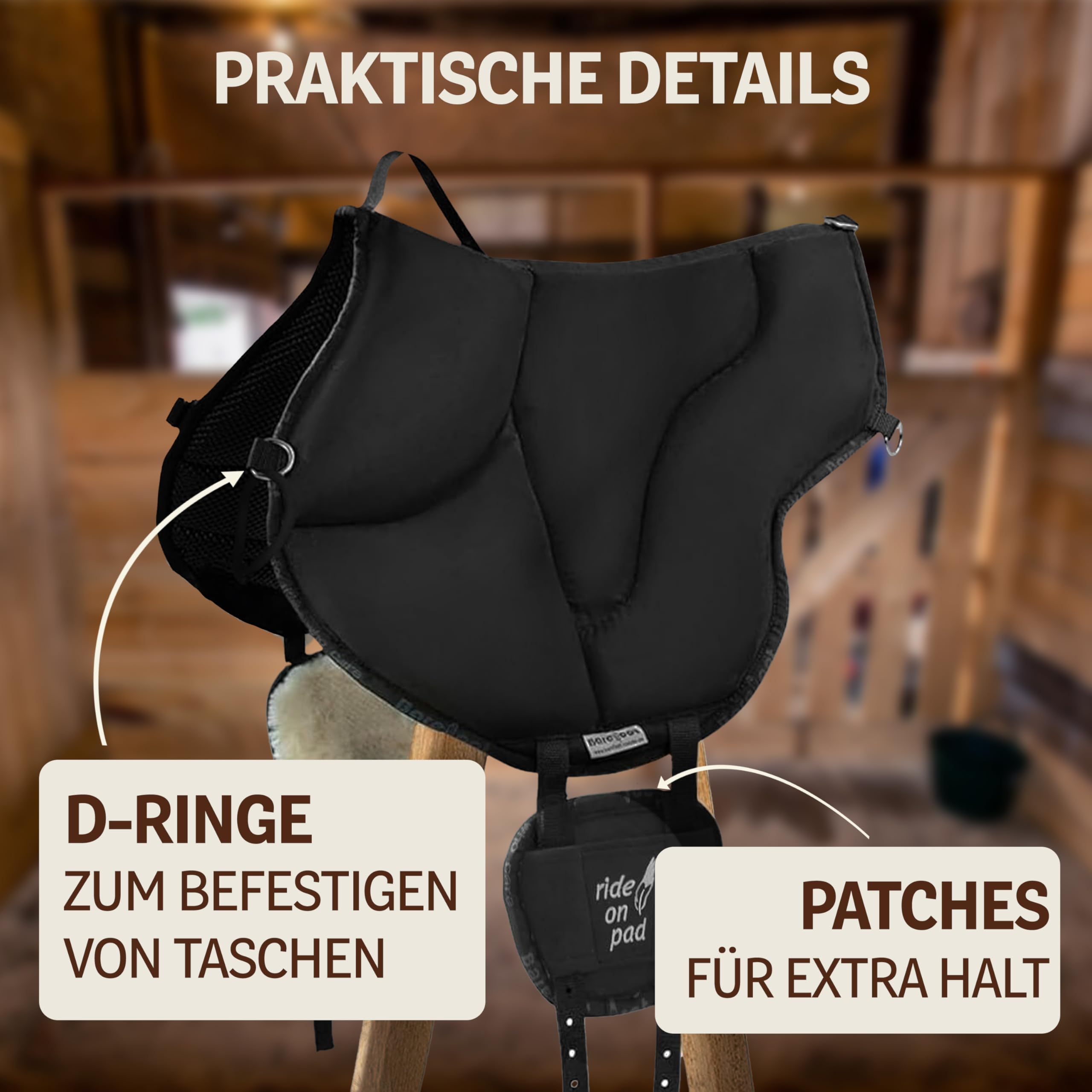 Barefoot Ride-On-Pad braun – Pferdefreundliches Reitkissen mit V-Gurtung – rutschfeste Mikrofaser-Oberfläche & Schafwoll-Patches – Größen für Erwachsene