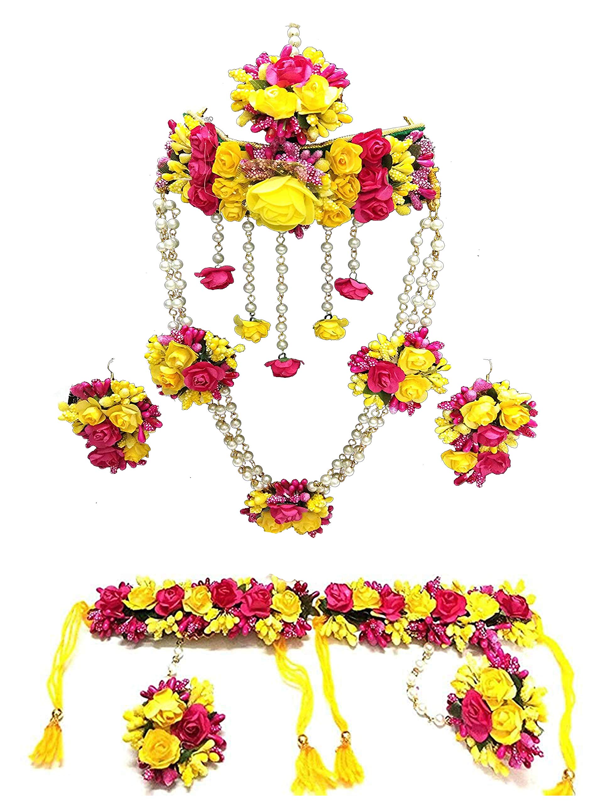 12SEASONS Yellow and Pink Fabric Flower Jewellery Necklace 2 with Maang Tika and Earrings, Bracelets for Women Girls Set of 7 Pc (B08X3J8ZMK) Amazon Price History, Amazon Price Tracker