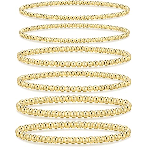 adoyi Gold Bracelets for Women Waterproof, 14K Gold Plated Beaded Strand Bead Ball Bracelets stack Adjustable Jewelry Set for Gifts