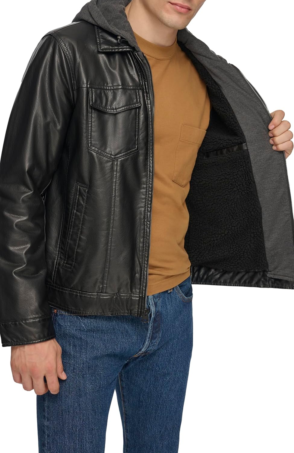 Levi's Men's Faux Leather Hooded Trucker Jacket With Sherpa Lining (Regular & Big & Tall Sizes) - Image 5