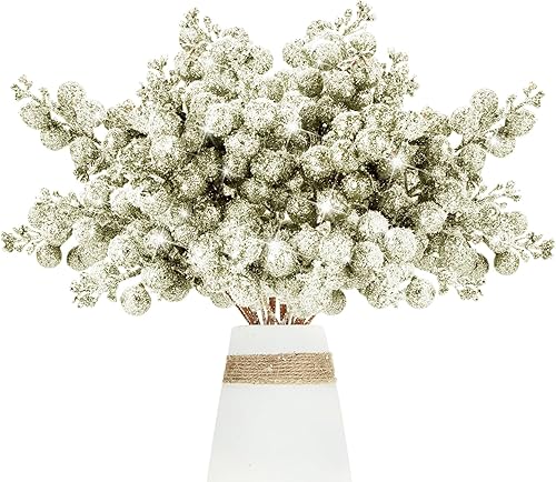 16 tallos de bayas artificiales con purpurina, púas de Navidad esmeriladas de 9 pulgadas, ramas de bayas de acebo con purpurina para rellenos de