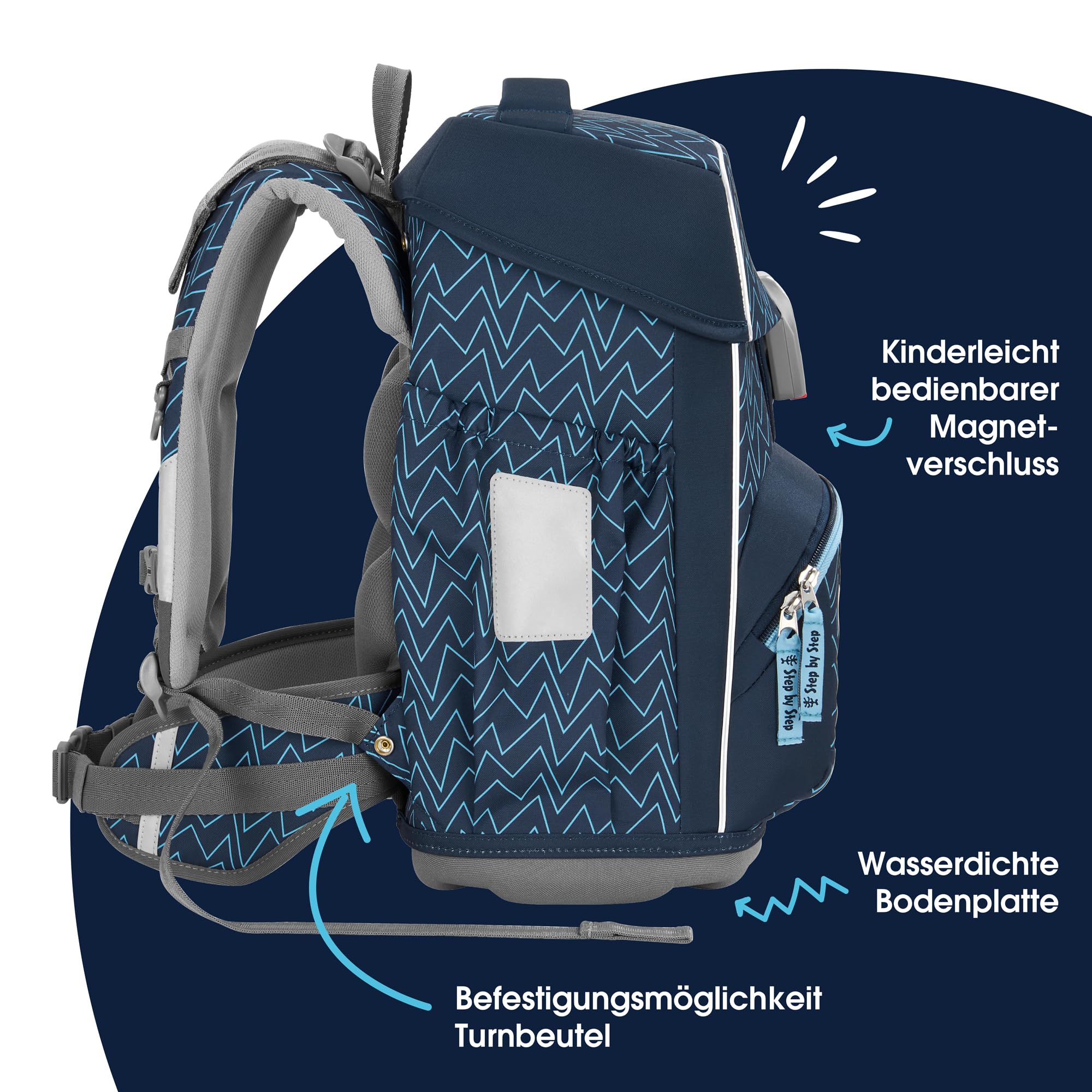 Step by Step Podstawowy tornister szkolny "Blue Lines", 4-częściowy, niebieski, ergonomiczny tornister z odblaskami, pas biodrowy i piersiowy, dla dzieci od 1. klasy, 20 litrów