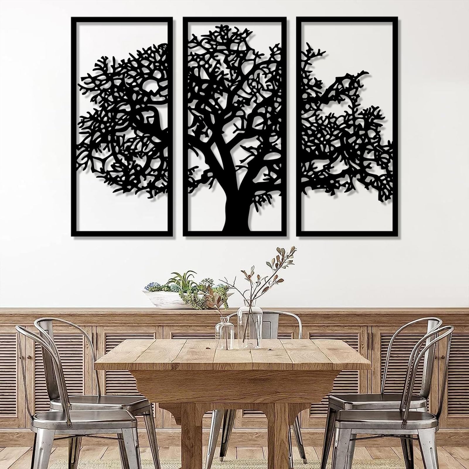 Arte de Pared de Metal decoración de Pared árbol de la Vida Negro de 3 Paneles árbol genealógico Regalo Grande árbol de la Vida decoración de Trabajo Escultura Moderna para Sala de Estar Dormitorio p