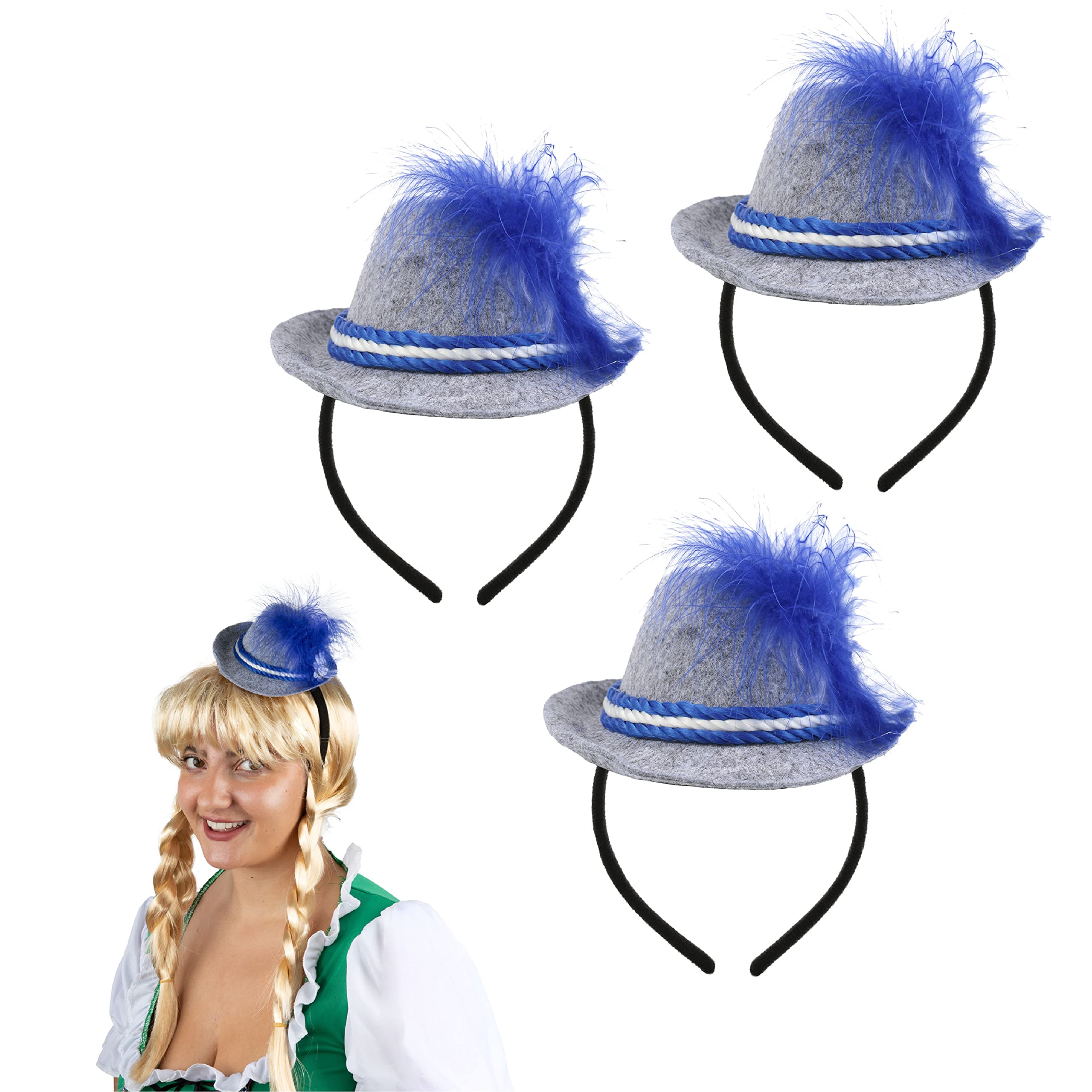 I LOVE FANCY DRESS Oktoberfest Bavarian Hats - Pack of 3 - Grey Mini Bavarian Hat with Feather Detail - Adults German Oktoberfest Hat