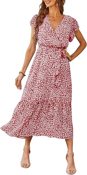 PRETTYGARDEN Women's Summer Floral Boho Maxi Dress Wrap Short Sleeve V Neck Ruffle A-Line Flowy Wedding Guest Long Dresses