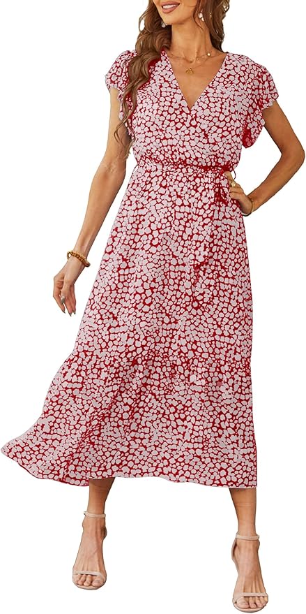 PRETTYGARDEN Women's Summer Floral Boho Maxi Dress Wrap Short Sleeve V Neck Ruffle A-Line Flowy Wedding Guest Long Dresses