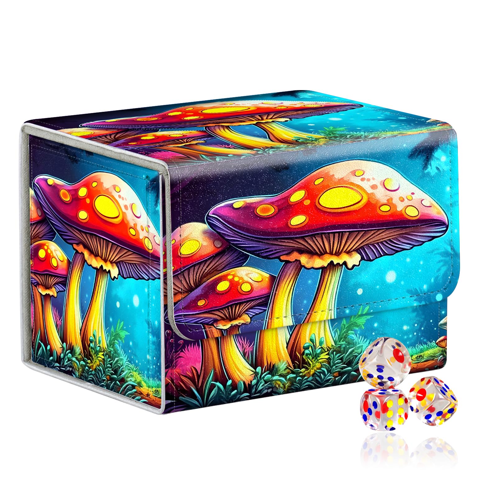 VOGDMKJG Trading Card Deck Box Fit 100+ Single Sleeved Cards,PU Leather Magnetic Closure Card Storage Box With 3 Dice For MTG/TCG/PTCG/Magic/Sport Card Storage Case Horizontal Design Blue Mushroom