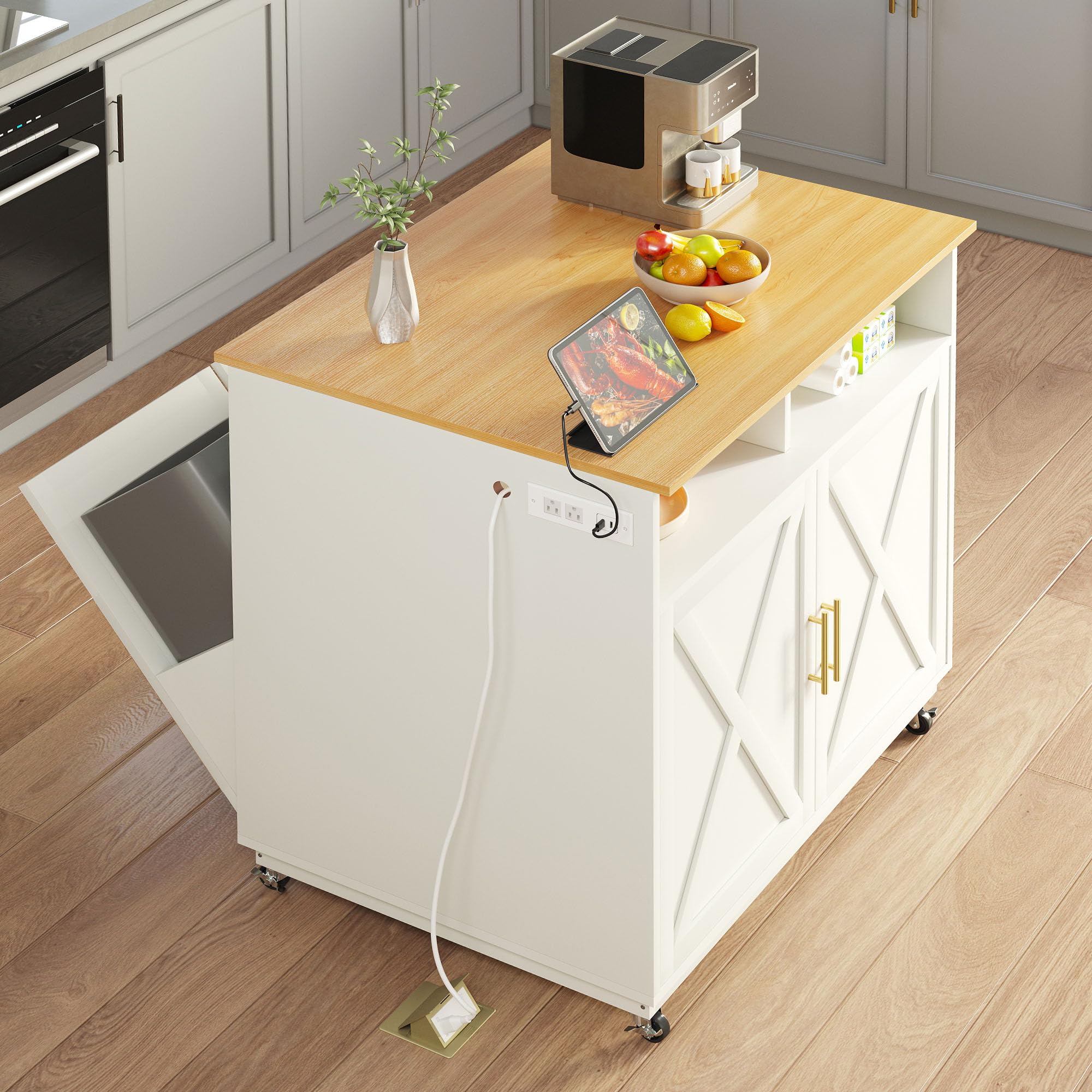 DWVO 53-Inch Rolling Kitchen Island With Trash Cabinet - Black, Fits 13-Gallon Bin, Spice Rack, Drawers & Shelves