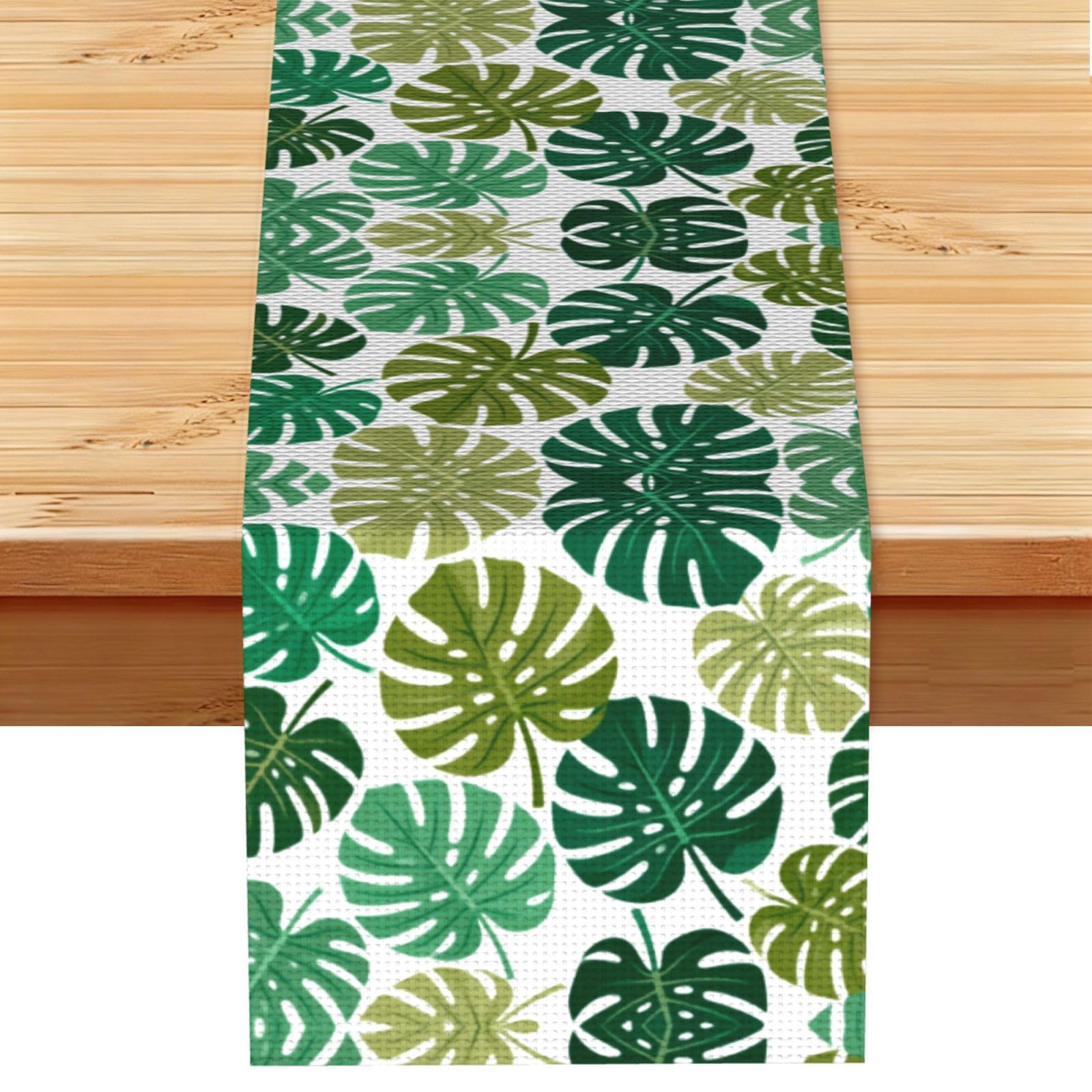 Tropical leaves Linen Look Table Runner 13x72-Wrinkle Resistant Farmhouse Style for Dining Table Decor