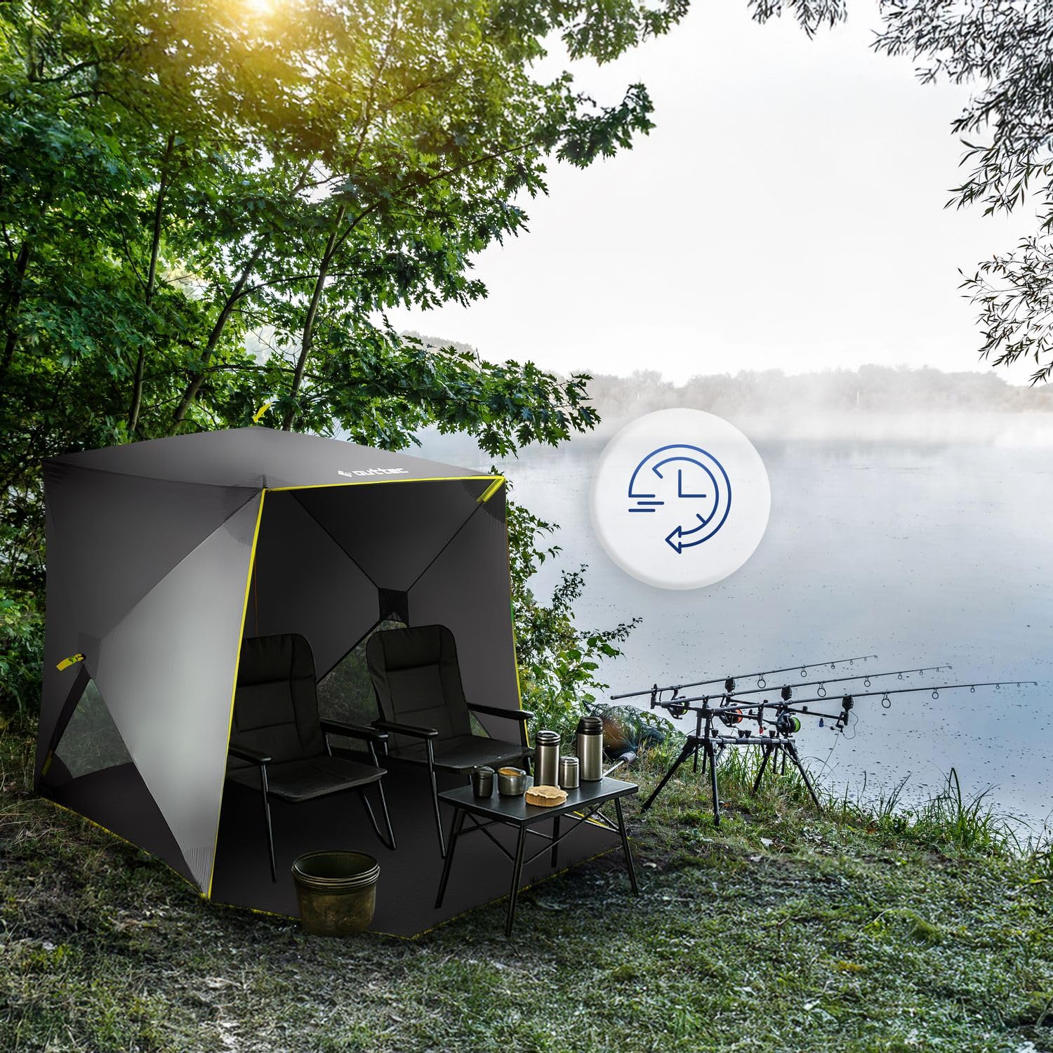 Angelzelt 210x210x160 cm Wasserdicht, Schnellaufbau Wurfzelt mit Quick-Set-System, UV30+ Sonnenschutz, 360° Belüftung, Leicht, Kompakt, Stabil, Camping & Angel Zubehör Shade Camp