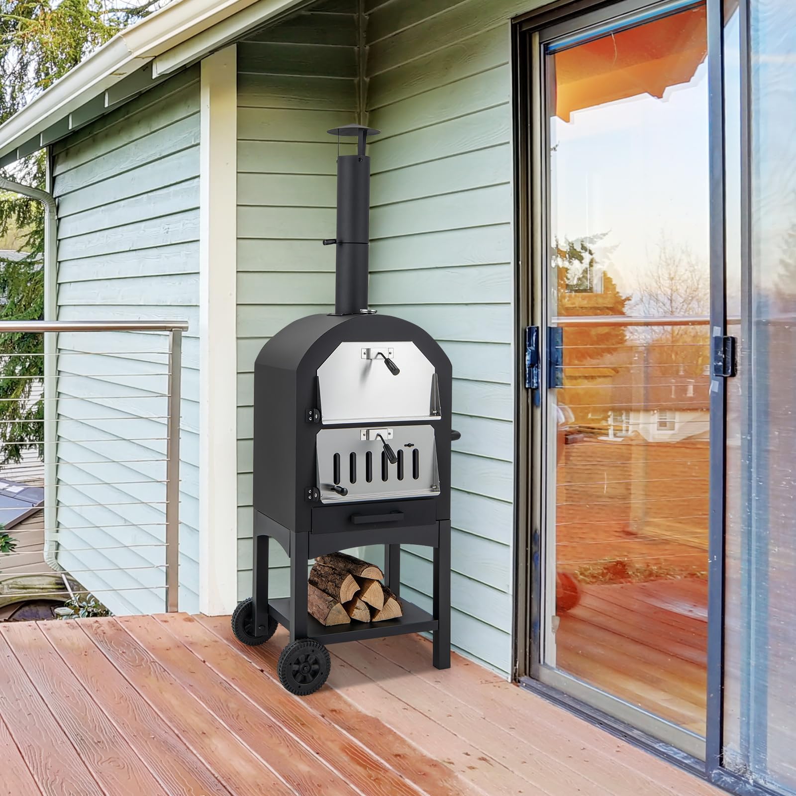 GYMAX Four à Pizza Extérieur 162cm à Bois ou à Pellet, Cuisson Facile avec Thermomètre, Pierre à Pizza, Grilles, Pelle, Accessoires Complets, pour Camping, Fêtes, Barbecues