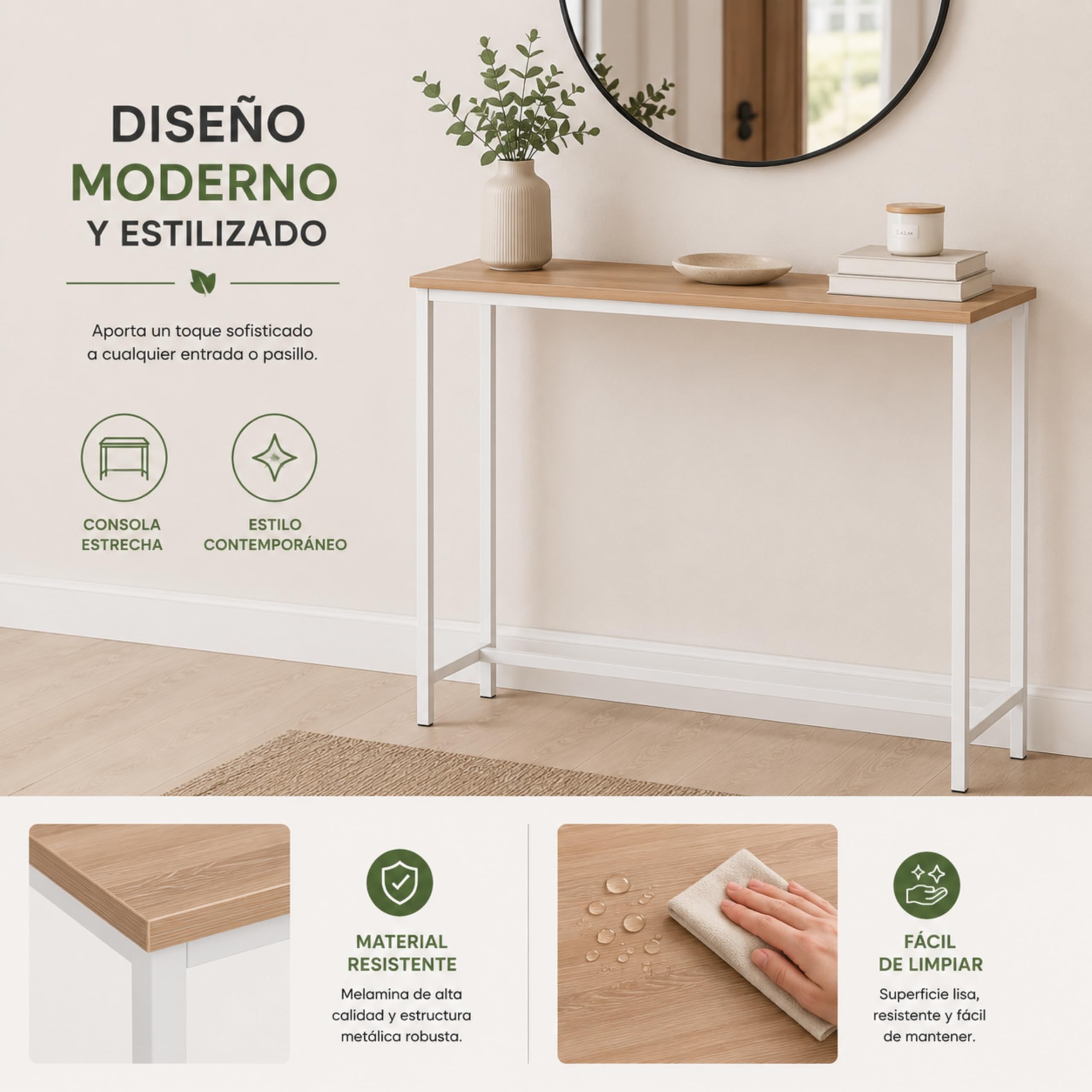 Mueble Entrada, Ideal para Recibidores de Entrada, Mueble Recibidor con diseño Moderno, Color Blanco con Roble Sonoma, 80 x 25 x 80 cm. EON