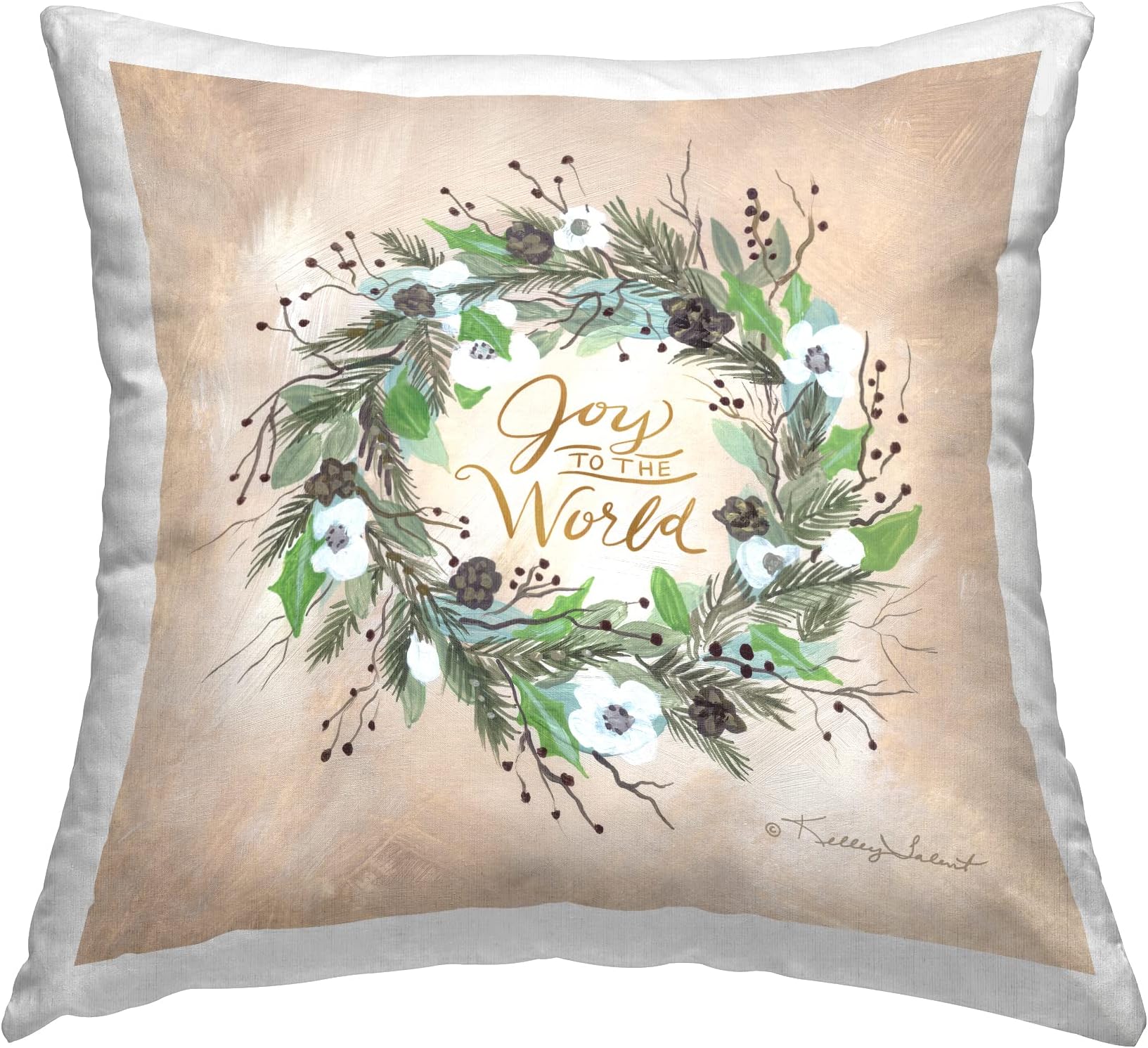 Stupell Industries Joy to The World Pine Wreath Design by Kelley Talent Throw Pillow, 18 x 18, Beige