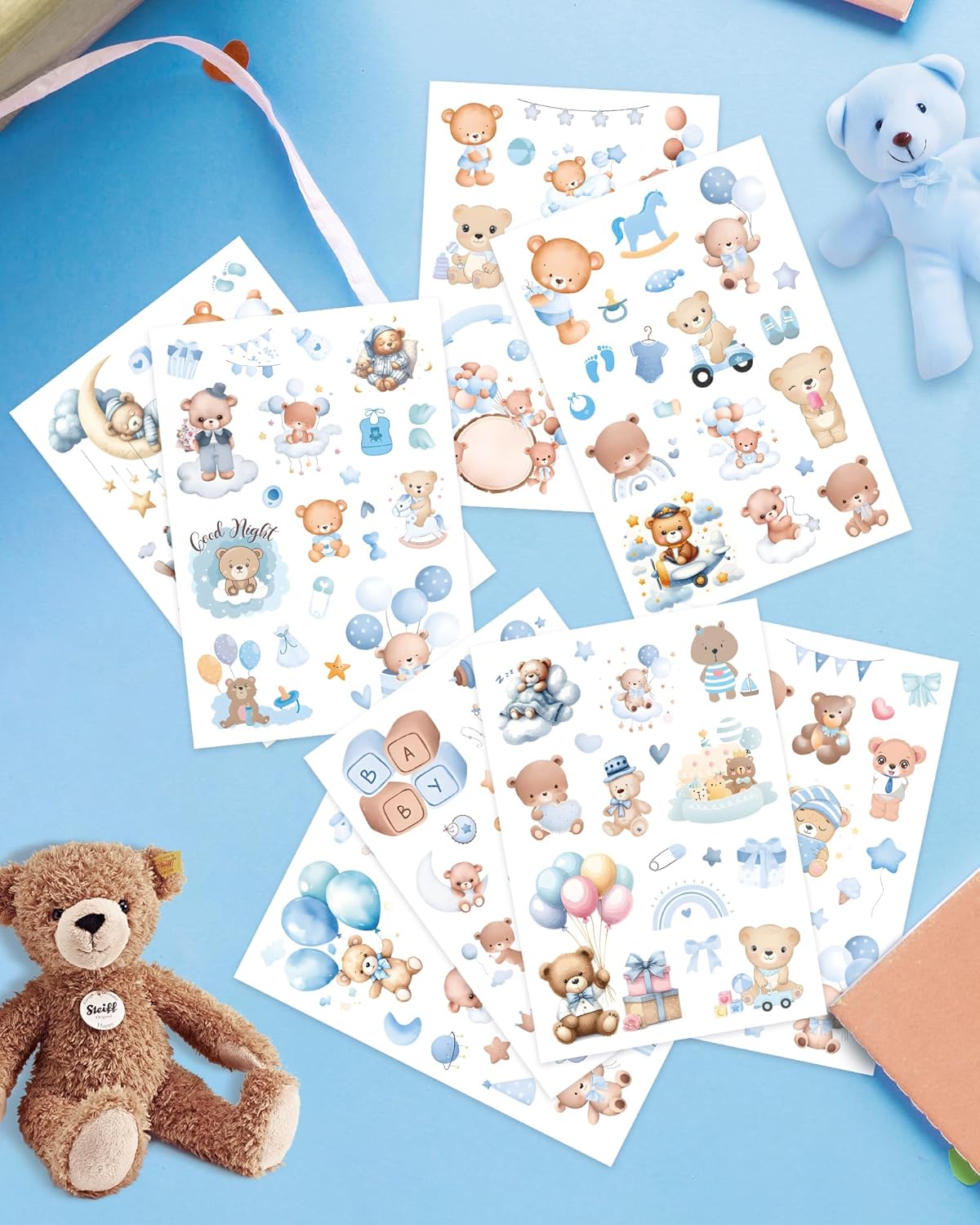 32 Sheets Blue Baby Bear Stickers, 550+pcs Baby Boy Shower Stickers Scrapbooking Supplies Waterproof Newborn Bear Sticker Pregnant Babies Album Sticker for Water Bottle Planner Baby's Party Favor - Image 5