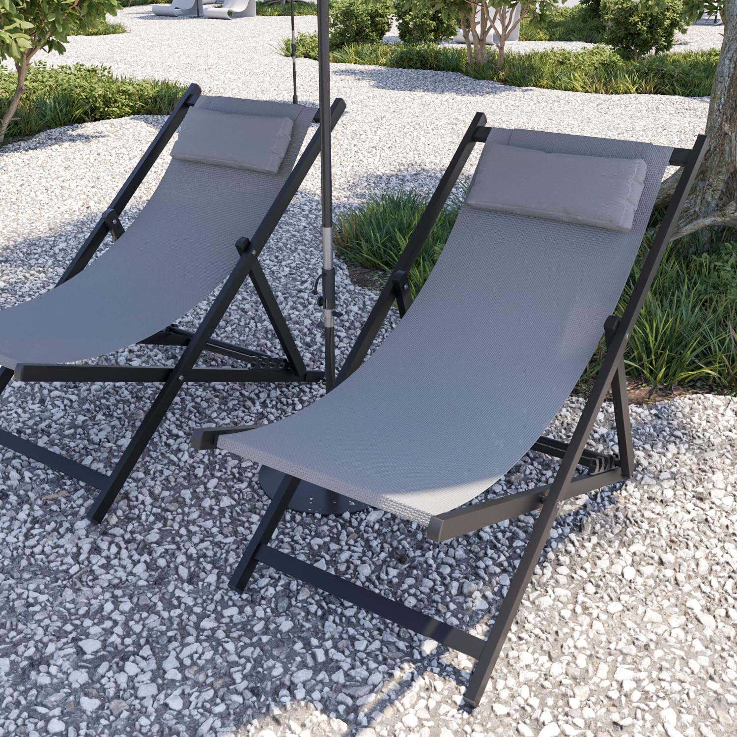 BRICOZONE Set di 2 Sedie Sdraio Leggera Da Giardino Schienale Regolabile Pieghevole Ergonomica Con Cuscino Traspirante Struttura Nera In Alluminio Da Esterno Piscina Mare Portata 160 Kg Grigio