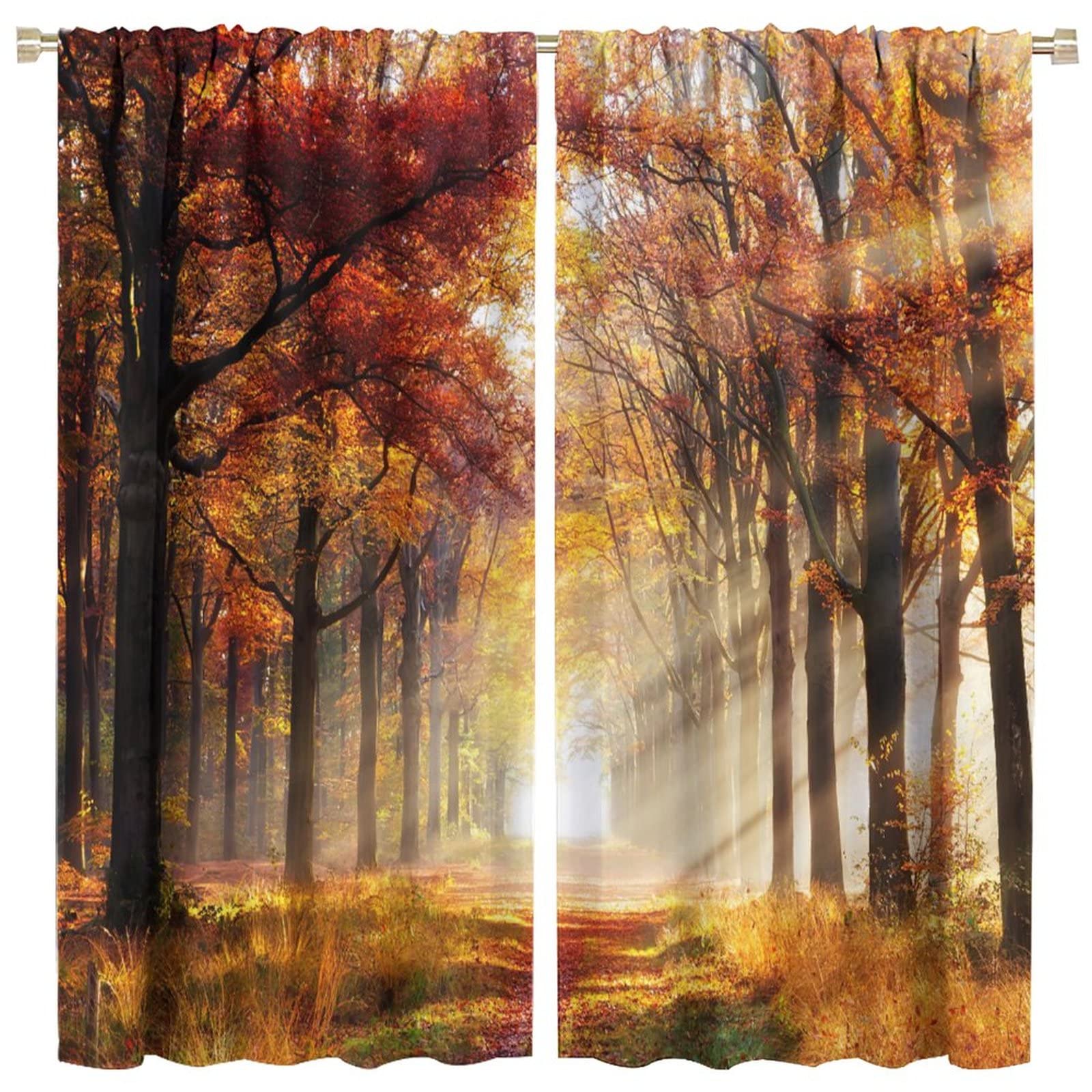JESTRONRY Nature Kitchen Curtains,Country Forest Trees Sunshine Autumn Scenery,Living Room Bedroom Rod Pocket Window Drapes 2 Panel Set W42xL45in