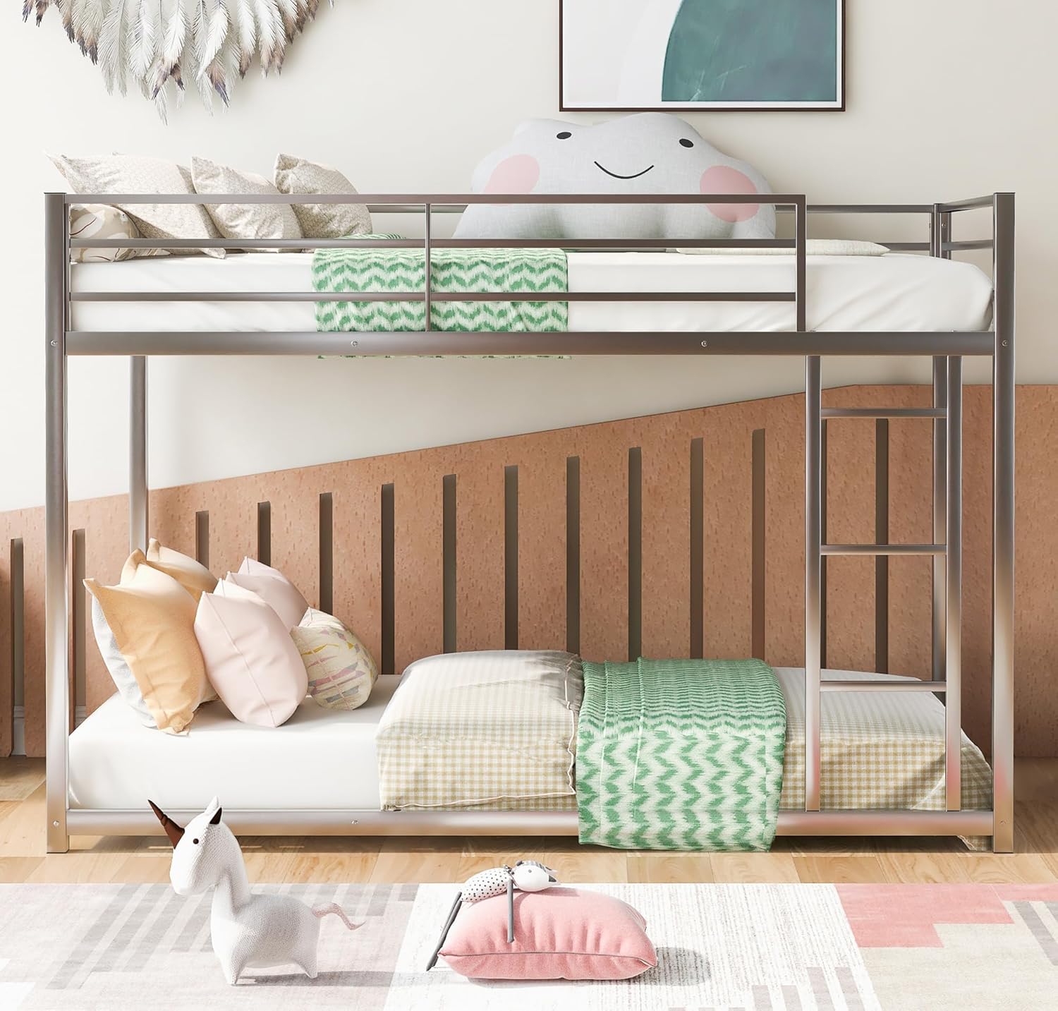 Twin Over Twin Metal Bunk Beds,Metal Low Floor Bunk Bed for Kids,Heavy Duty Bed Frame with Safety Guard Rail & Ladder for Girls Boys Adults Dormitory Bedroom,No Box Spring Needed,Noise Free (Black)