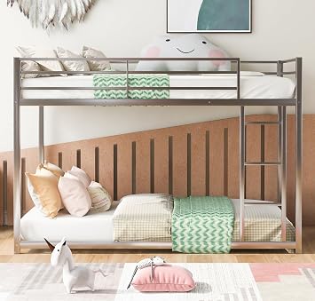 Twin Over Twin Metal Bunk Beds,Metal Low Floor Bunk Bed for Kids,Heavy Duty Bed Frame with Safety Guard Rail & Ladder for Girls Boys Adults Dormitory Bedroom,No Box Spring Needed,Noise Free Silver