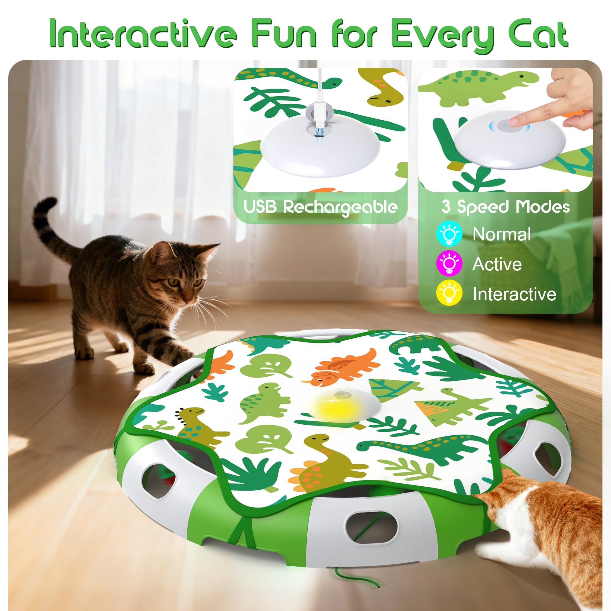 Jouet Interactif pour Chat, Jouet Chat Automatique Rechargeable, Jeux Chat avec Plume Mobile & Chant d'Oiseau & Clochette Chat, Jouets d'Intérieur pour Chatons et Chats Adultes