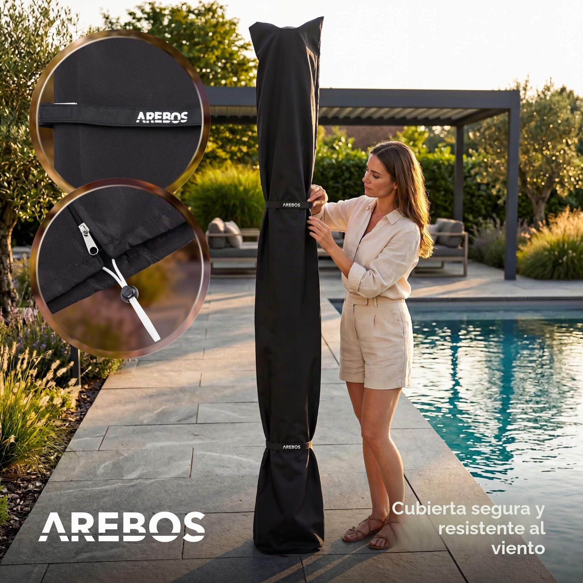 Arebos Ducha Solar de 40 L, con termómetro Integrado, Ducha de Mano, Cabezal de Ducha Giratorio, con Ducha de pies y conexión de Manguera de jardín, Incluye Material de Montaje y Cubierta