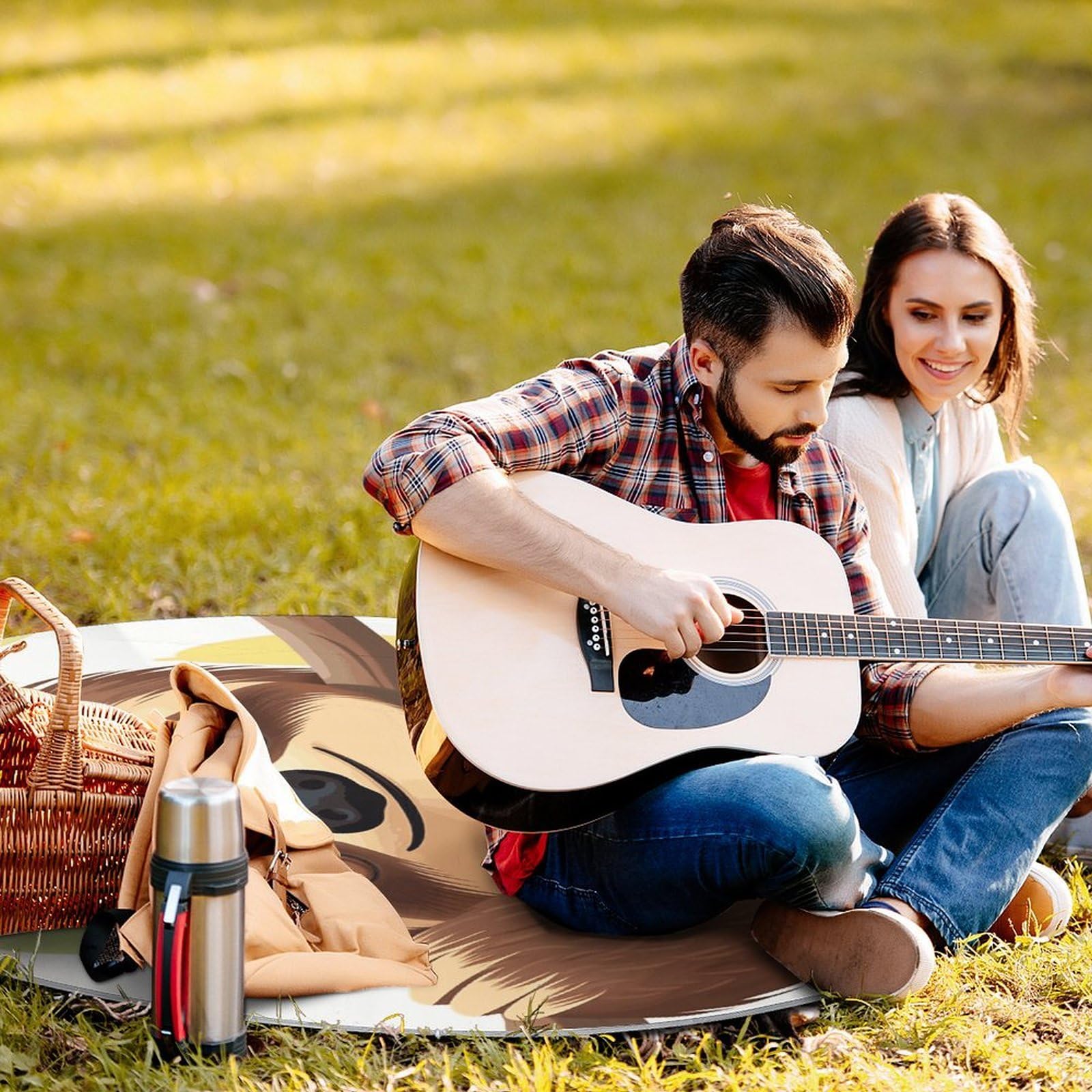 Koc piknikowy z leniwcem, okrągły, składany, lekki, wodoodporny koc plażowy, koc outdoorowy, na wiosnę, lato, kemping, do parku, trawy podróżnej