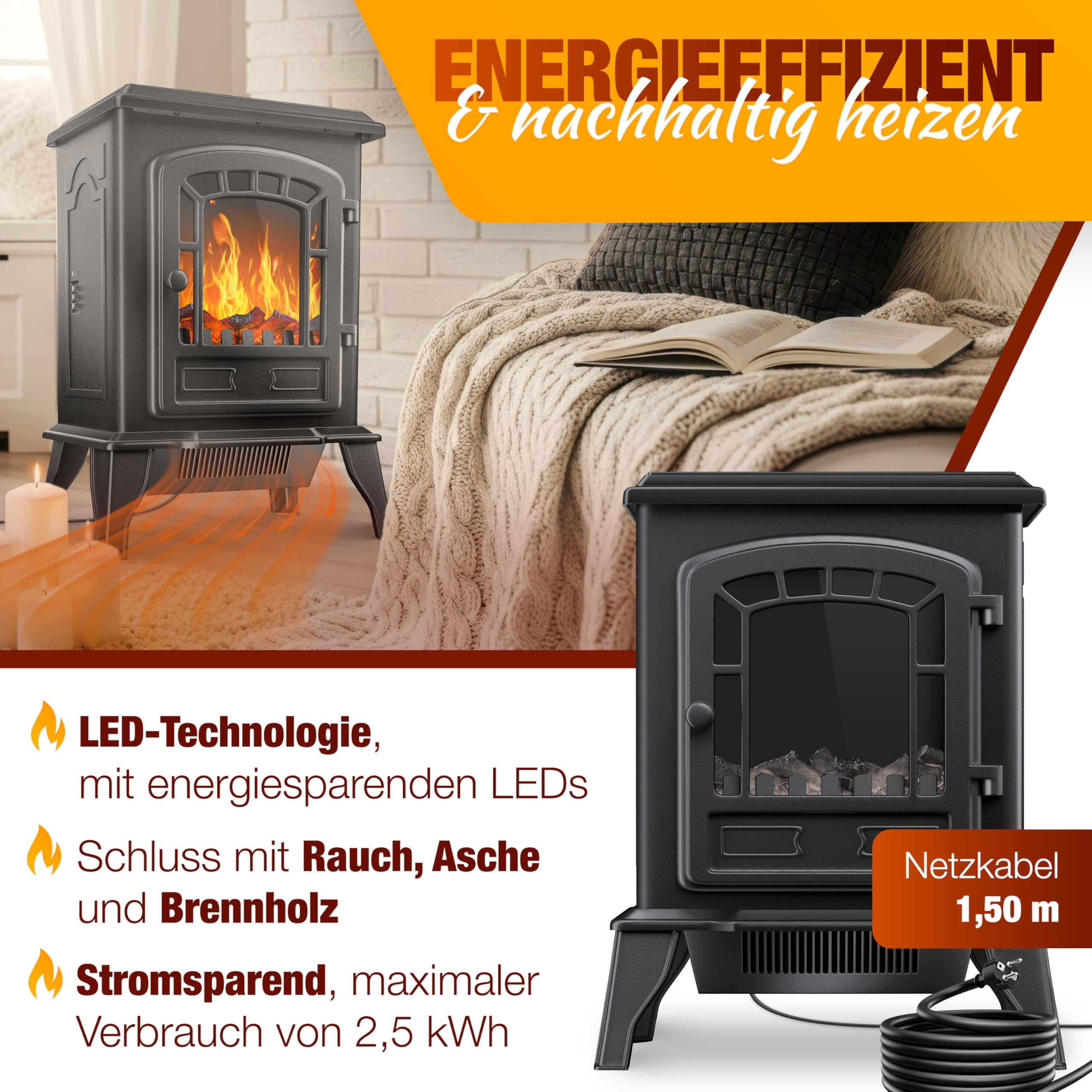 Kominek elektryczny KESSER® z termowentylatorem, kominek elektryczny 2000 W, ogrzewanie elektryczne LED efekt kominka, kominek, efekt płomienia, grzałka, piecyk, cichy, regulowany, czarny