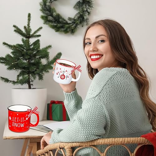Miniatura 7 de ZOIIWA Juego de 12 tazas de café de Navidad con cinta roja a cuadros para fiestas de vacaciones, tazas de cerámica para regalo de Navidad,